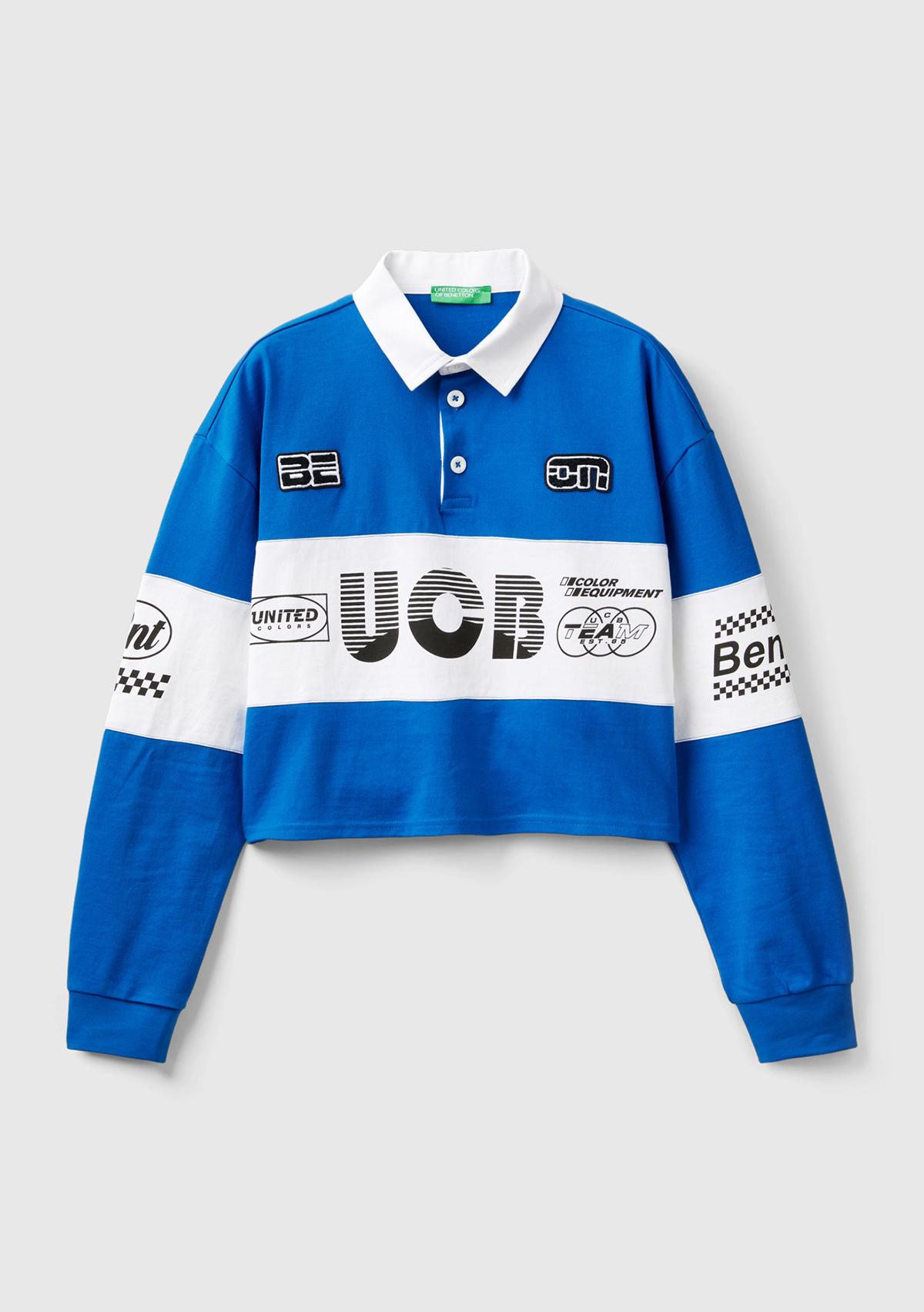 Kadın Saks Mavi %100 Pamuk Logo Baskılı Renk Bloklu Polo Yaka Crop Sweatshirt