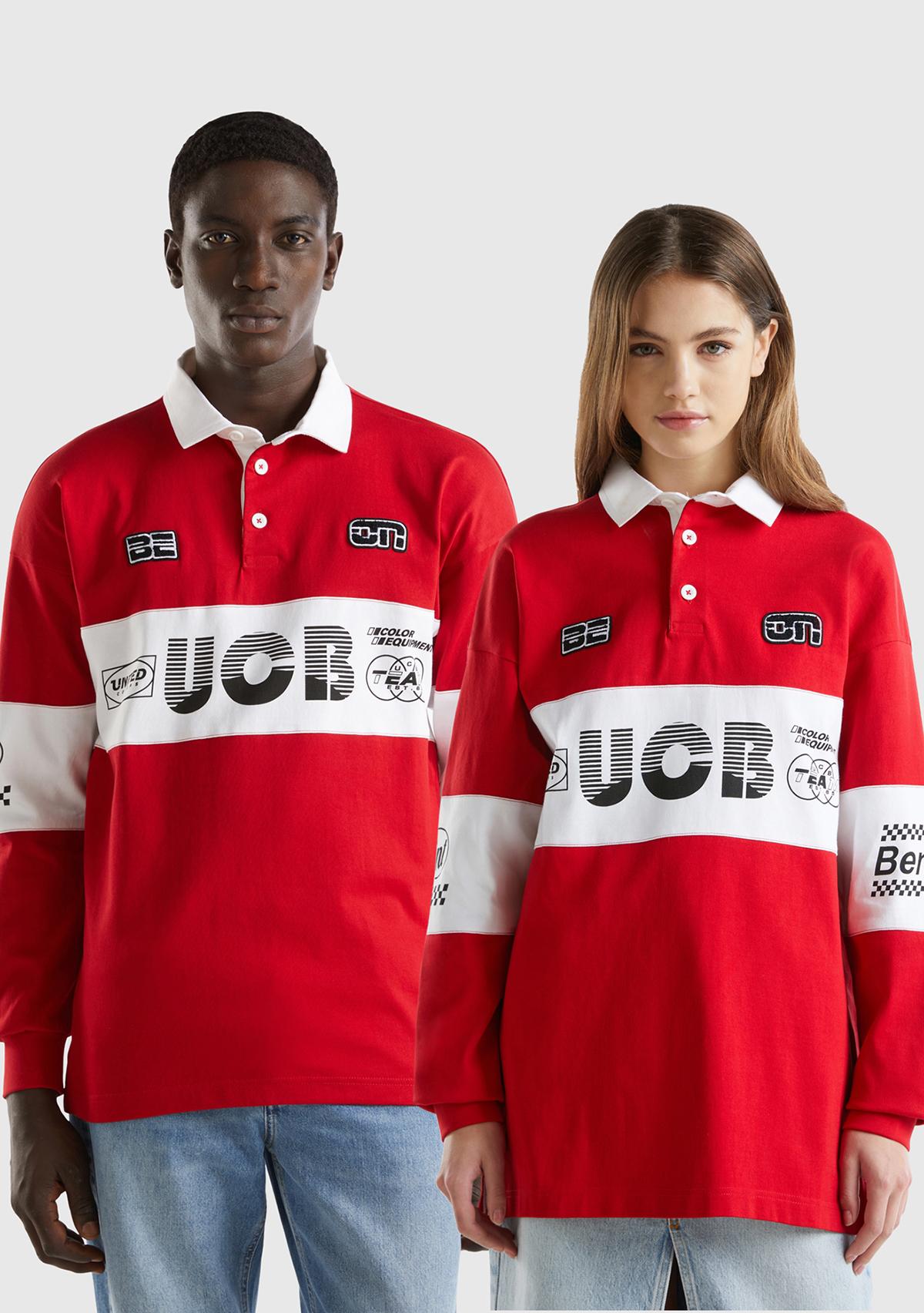 Unisex Kırmızı %100 Pamuk Logo Baskılı Polo Yaka Sweatshirt