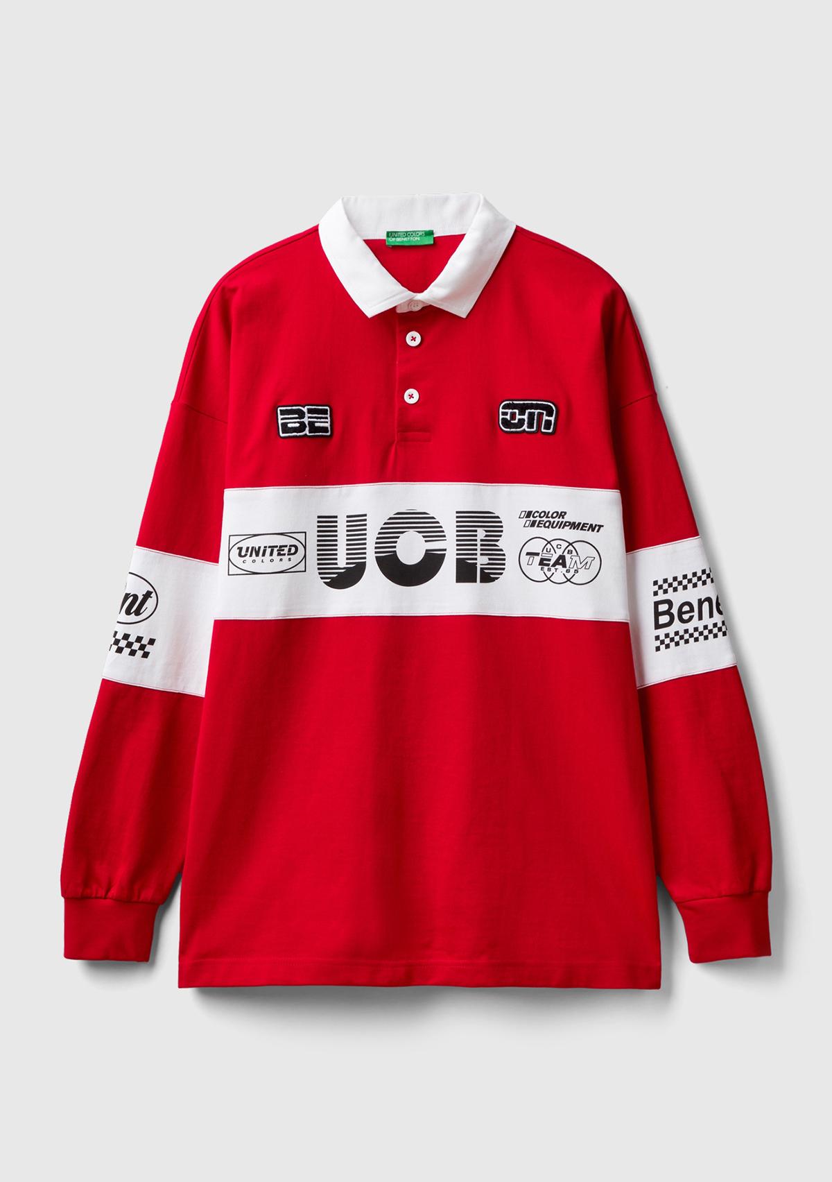 Unisex Kırmızı %100 Pamuk Logo Baskılı Polo Yaka Sweatshirt