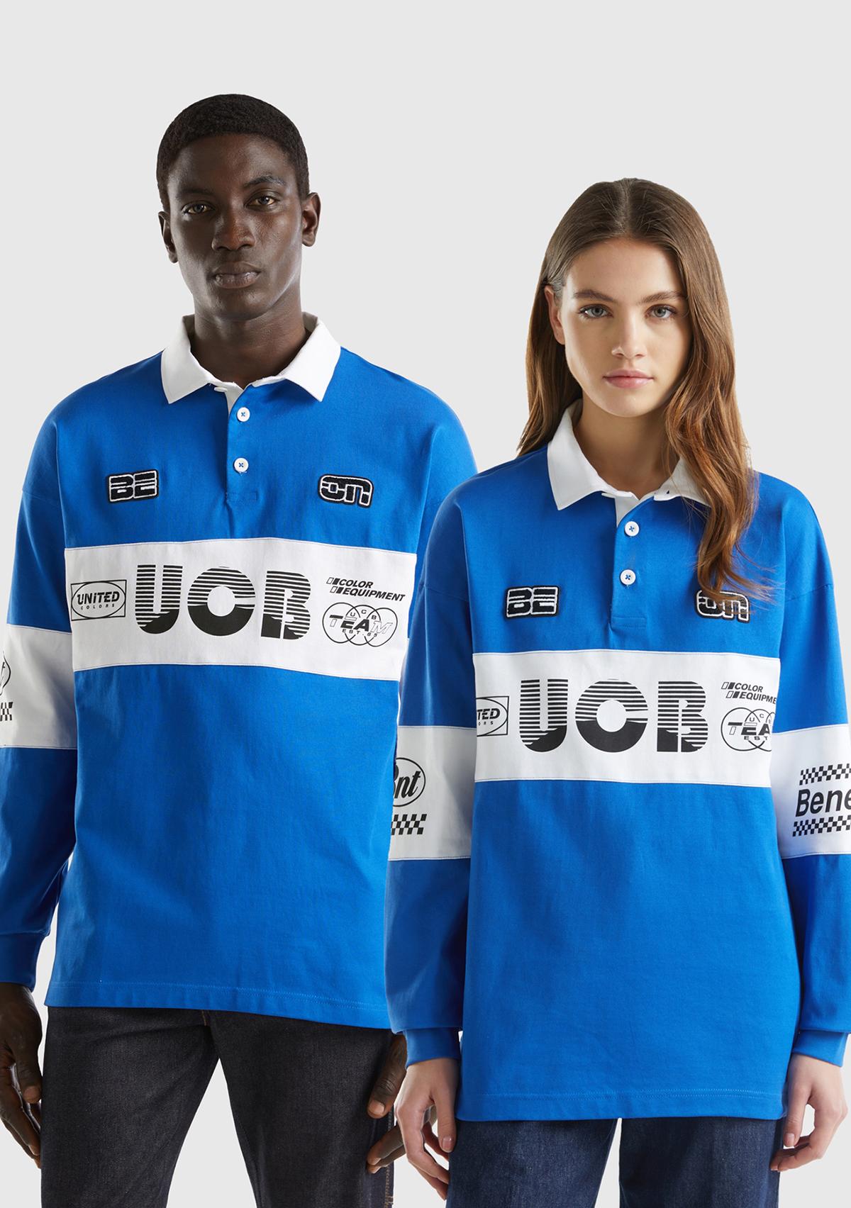 Unisex Saks Mavi %100 Pamuk Logo Baskılı Polo Yaka Sweatshirt