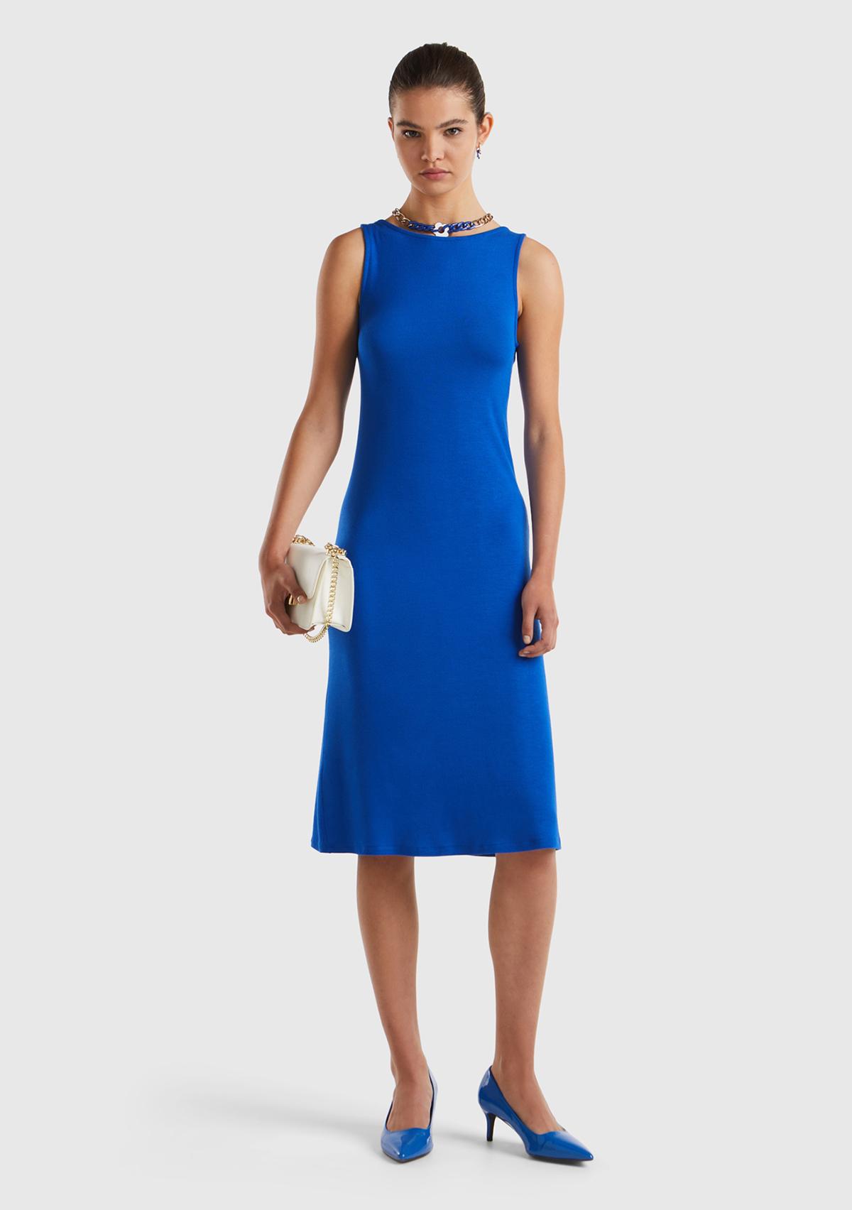 Kadın Saks Mavi Viskoz Karışımlı Arkası Üçgen ve Düğüm Detaylı Kolsuz Elbise