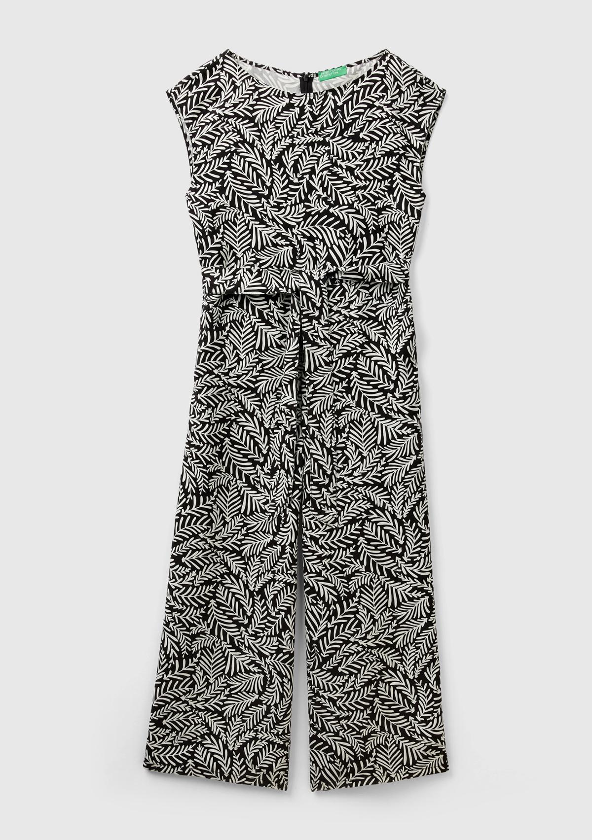 Kadın Siyah-Beyaz %100 Liyosel Tamamı Desenli Belden Bağlamalı Tulum