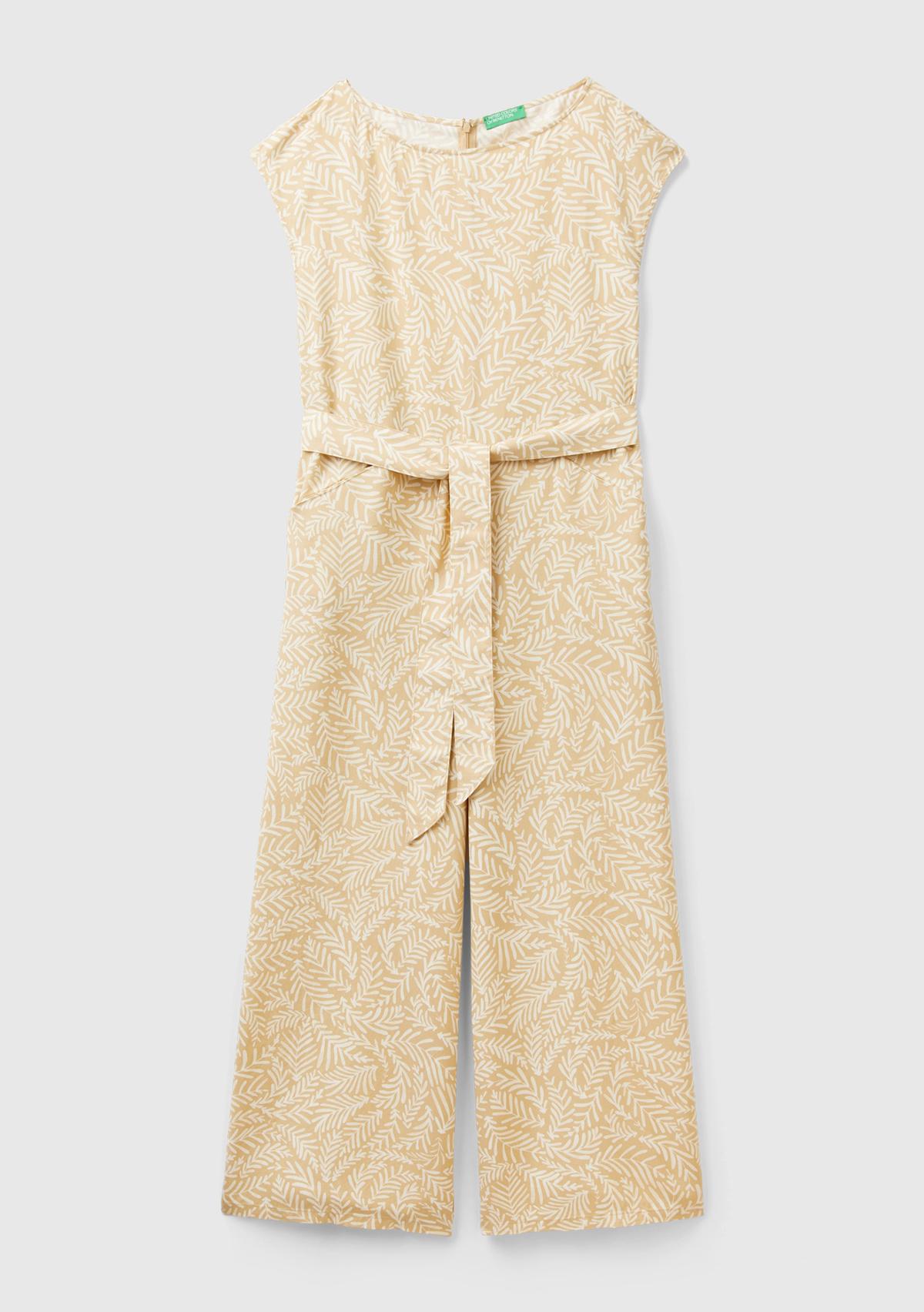 Kadın Krem Mix %100 Liyosel Tamamı Desenli Belden Bağlamalı Tulum