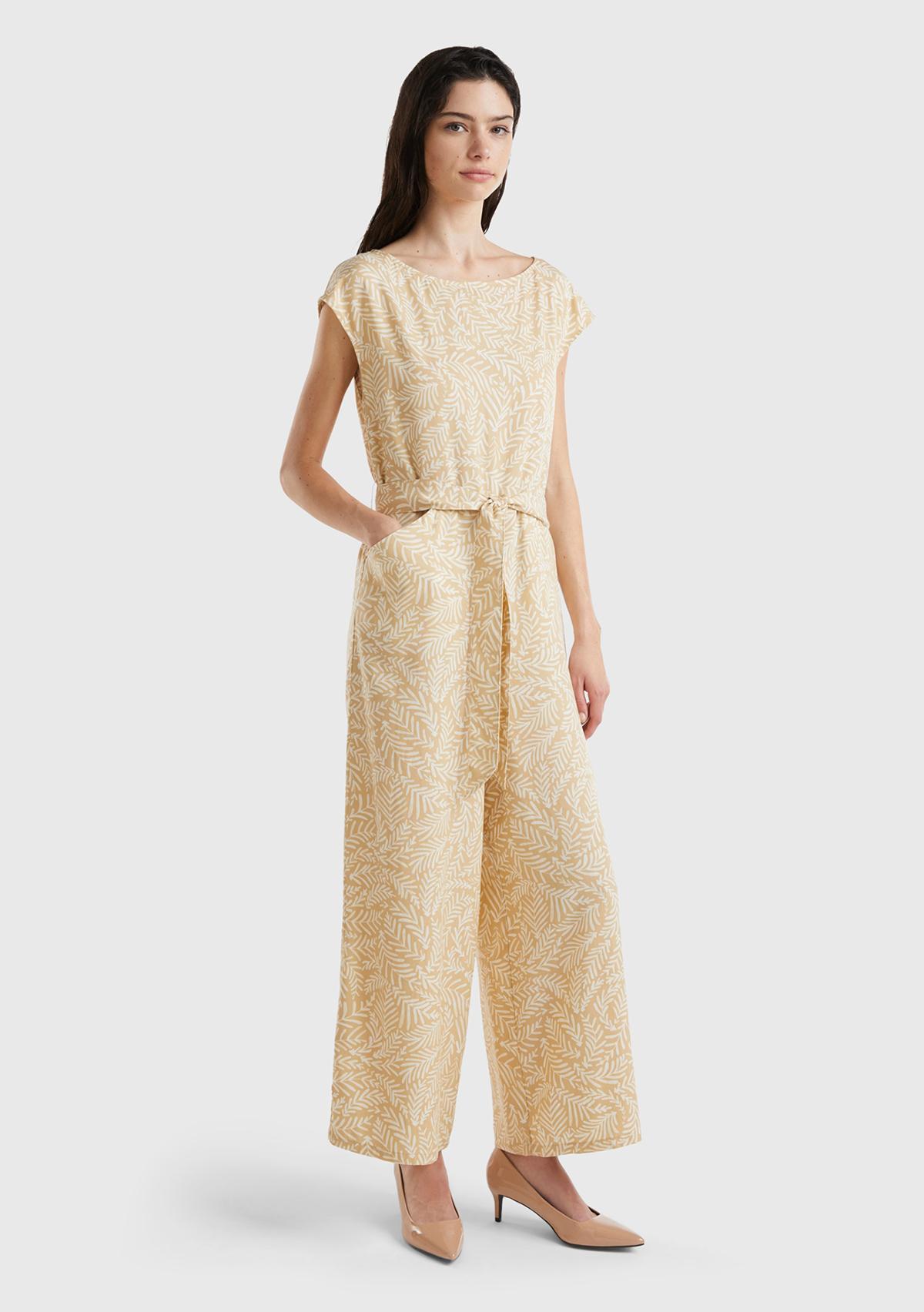 Kadın Krem Mix %100 Liyosel Tamamı Desenli Belden Bağlamalı Tulum