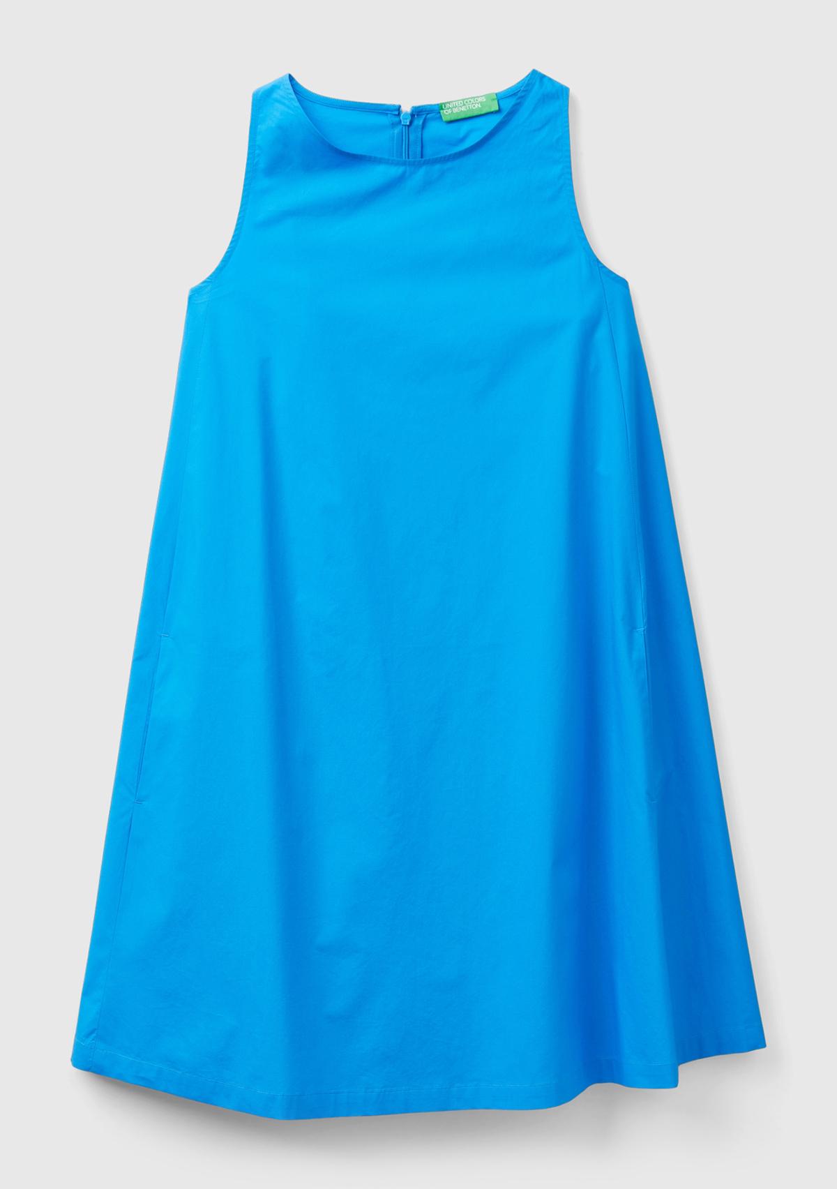 Kadın Mavi %100 Koton Kolsuz Midi Boy Elbise