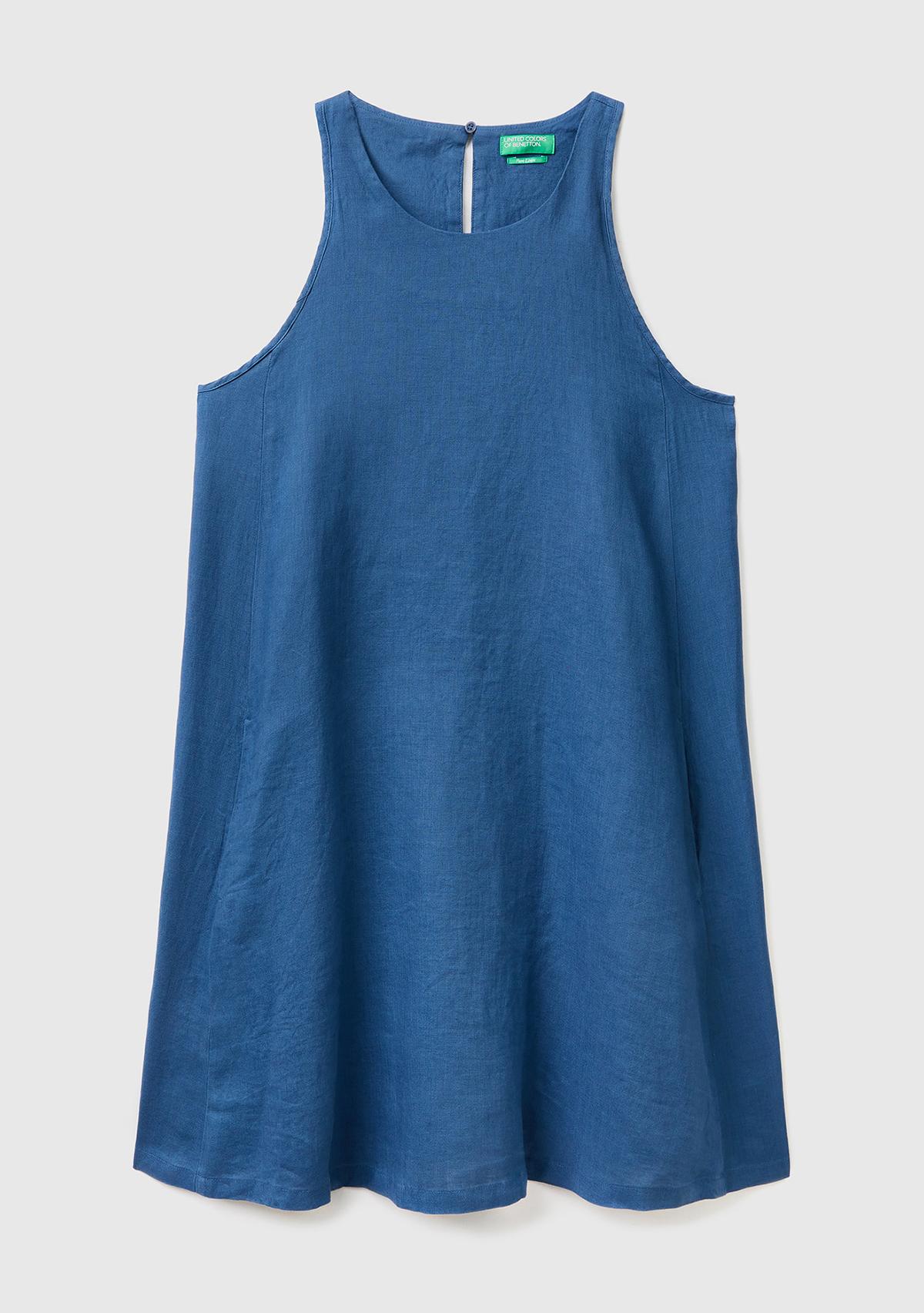 Kadın Gece Mavisi %100 Keten Kolsuz Elbise