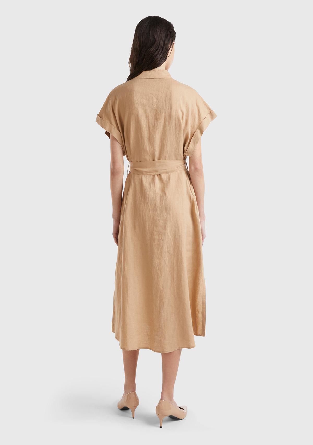 Kadın Taba %100 Keten Önü Düğme Kapamalı Beli Kuşaklı Midi Elbise