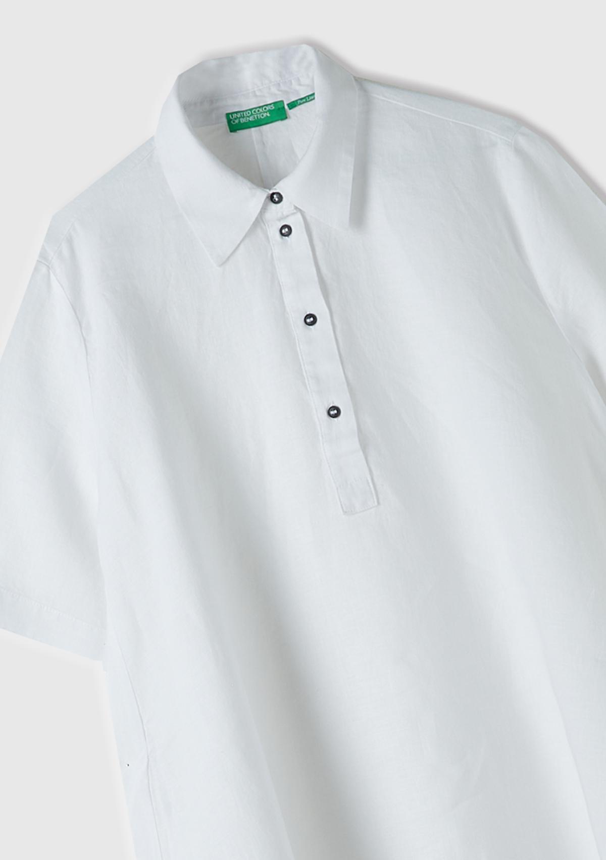 Kadın Beyaz %100 Keten Düğmeli Gömlek Yaka Hafif Bol Kesim Elbise