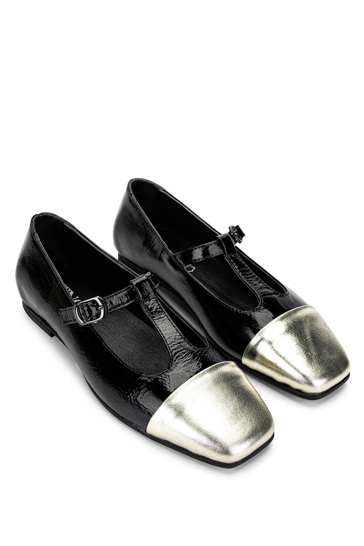 Tamer Tanca Kadın Hakiki Deri Siyah/Dore Babet Ayakkabı