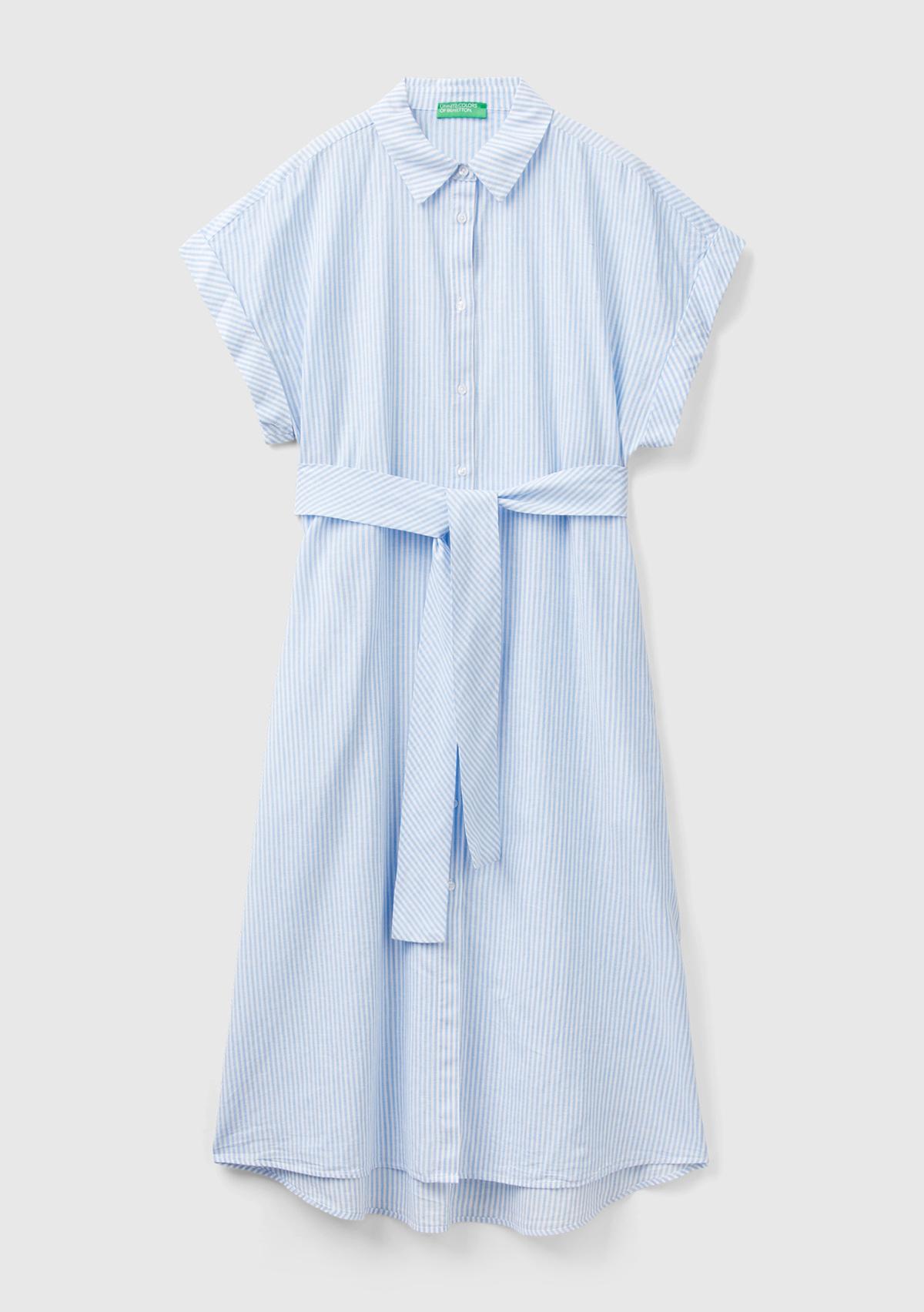 Kadın Mavi- Keten Karışımlı Beli Bağlamlı Önü Düğmeli Yırtmaçlı Elbise