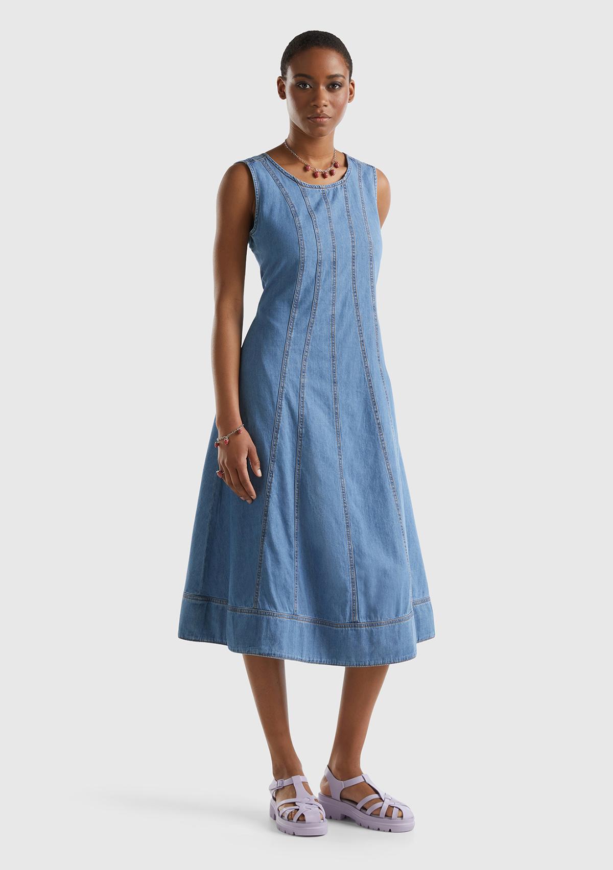 Kadın Mavi Pamuk Karışımlı Dekoratif Dikişli Fermuarlı Denim Elbise