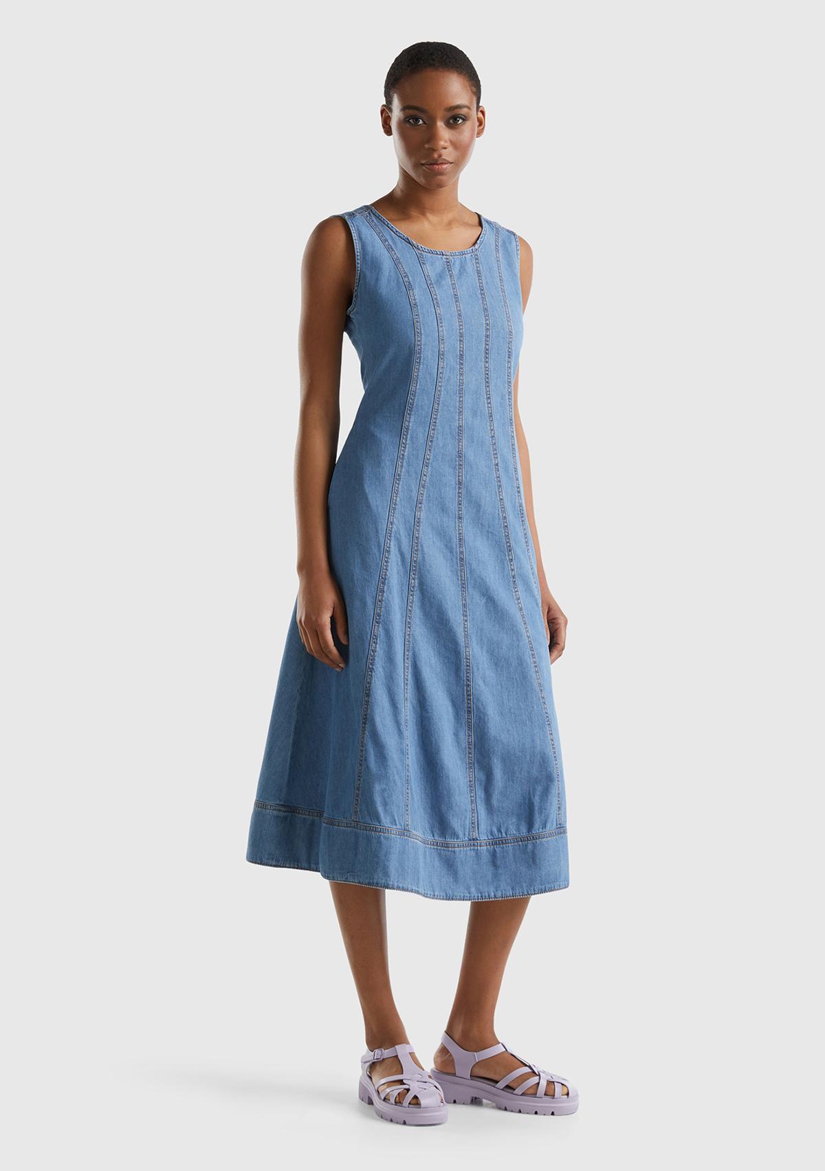 Kadın Mavi Pamuk Karışımlı Dekoratif Dikişli Fermuarlı Denim Elbise