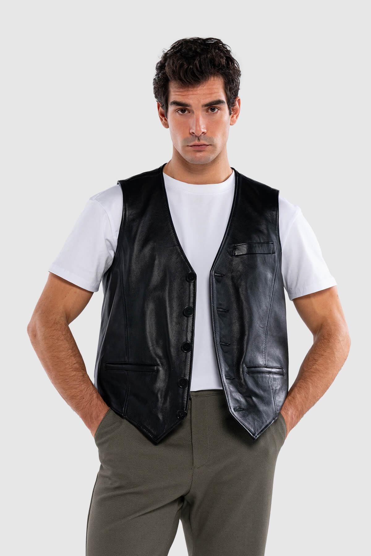 Tamer Tanca Erkek Hakiki Deri Siyah Yelek