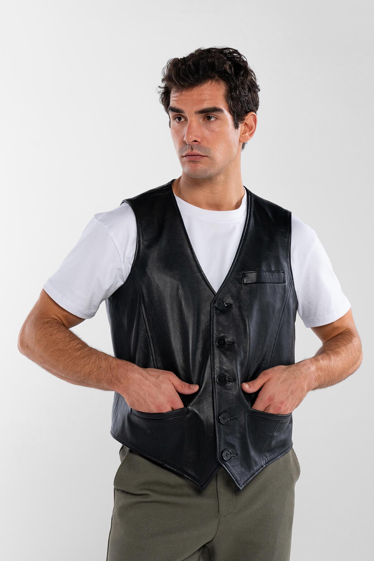 Tamer Tanca Erkek Hakiki Deri Siyah Yelek