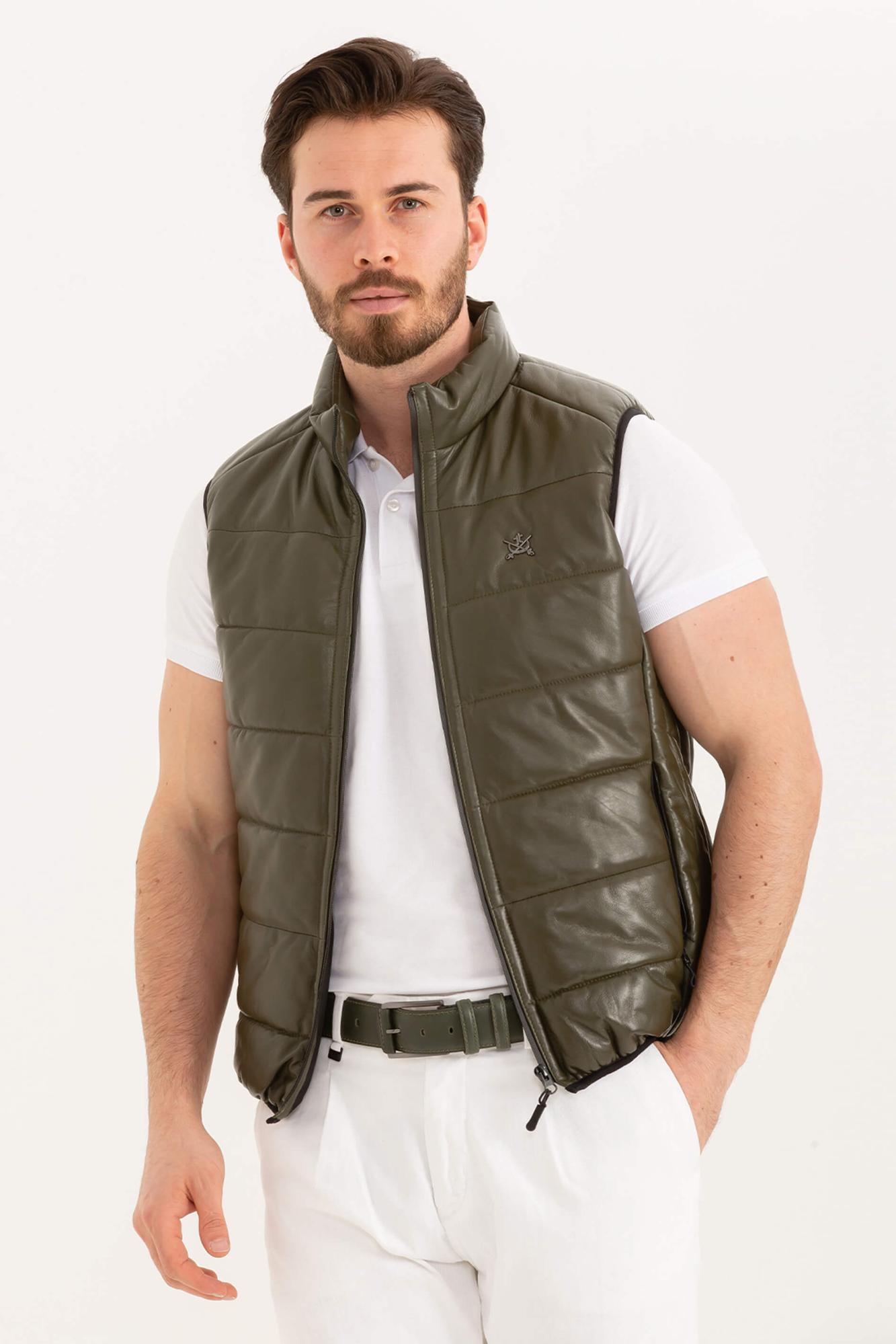 Tamer Tanca Erkek Hakiki Deri Yeşil Yelek Deri Mont