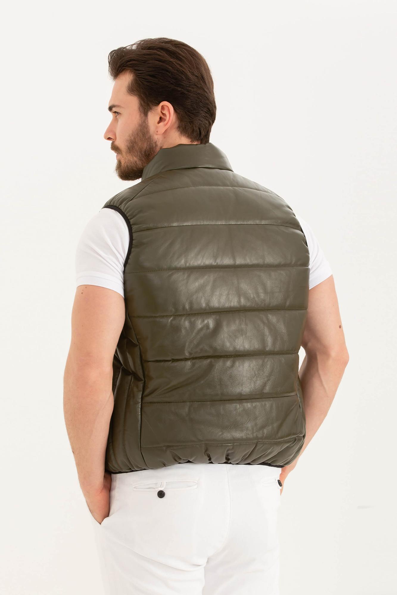 Tamer Tanca Erkek Hakiki Deri Yeşil Yelek Deri Mont