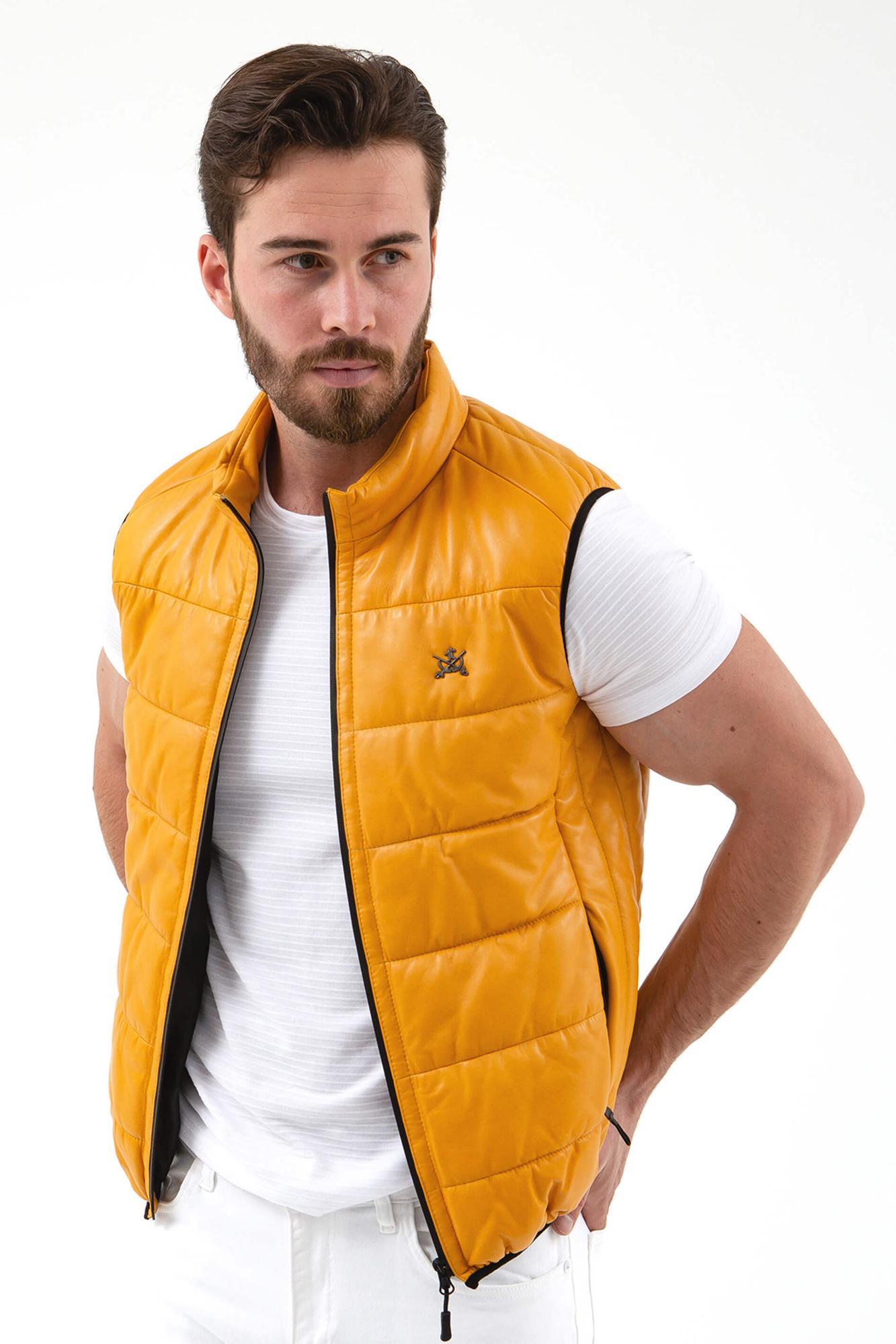 Tamer Tanca Erkek Hakiki Deri Sarı Yelek Deri Mont