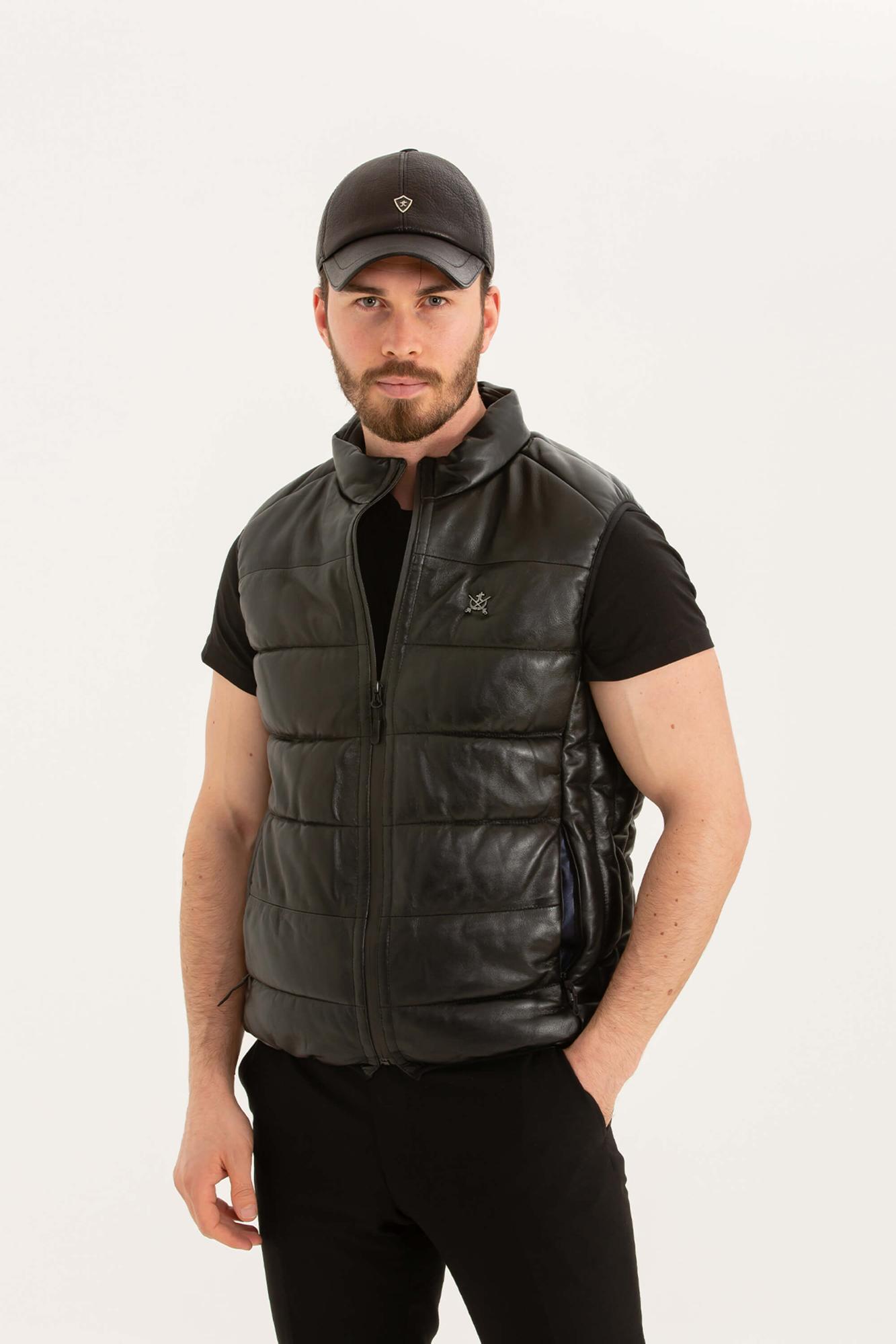 Tamer Tanca Erkek Hakiki Deri Siyah Deri Yelek Deri Mont