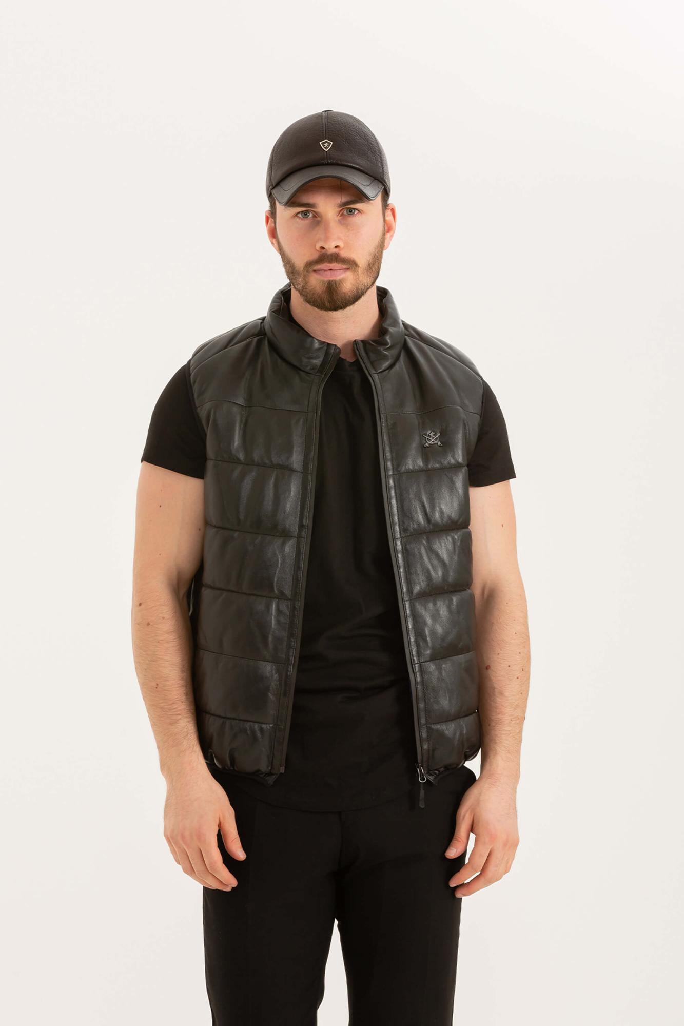 Tamer Tanca Erkek Hakiki Deri Siyah Deri Yelek Deri Mont