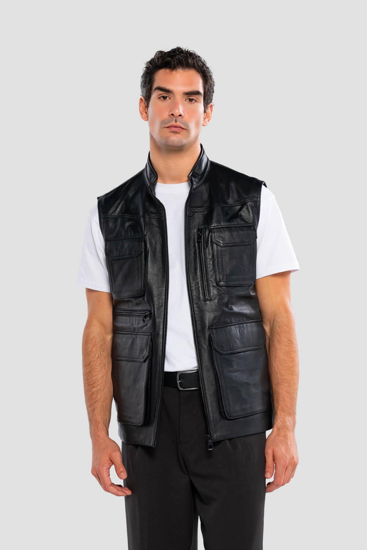 Tamer Tanca Erkek Hakiki Deri Siyah Yelek Deri Mont