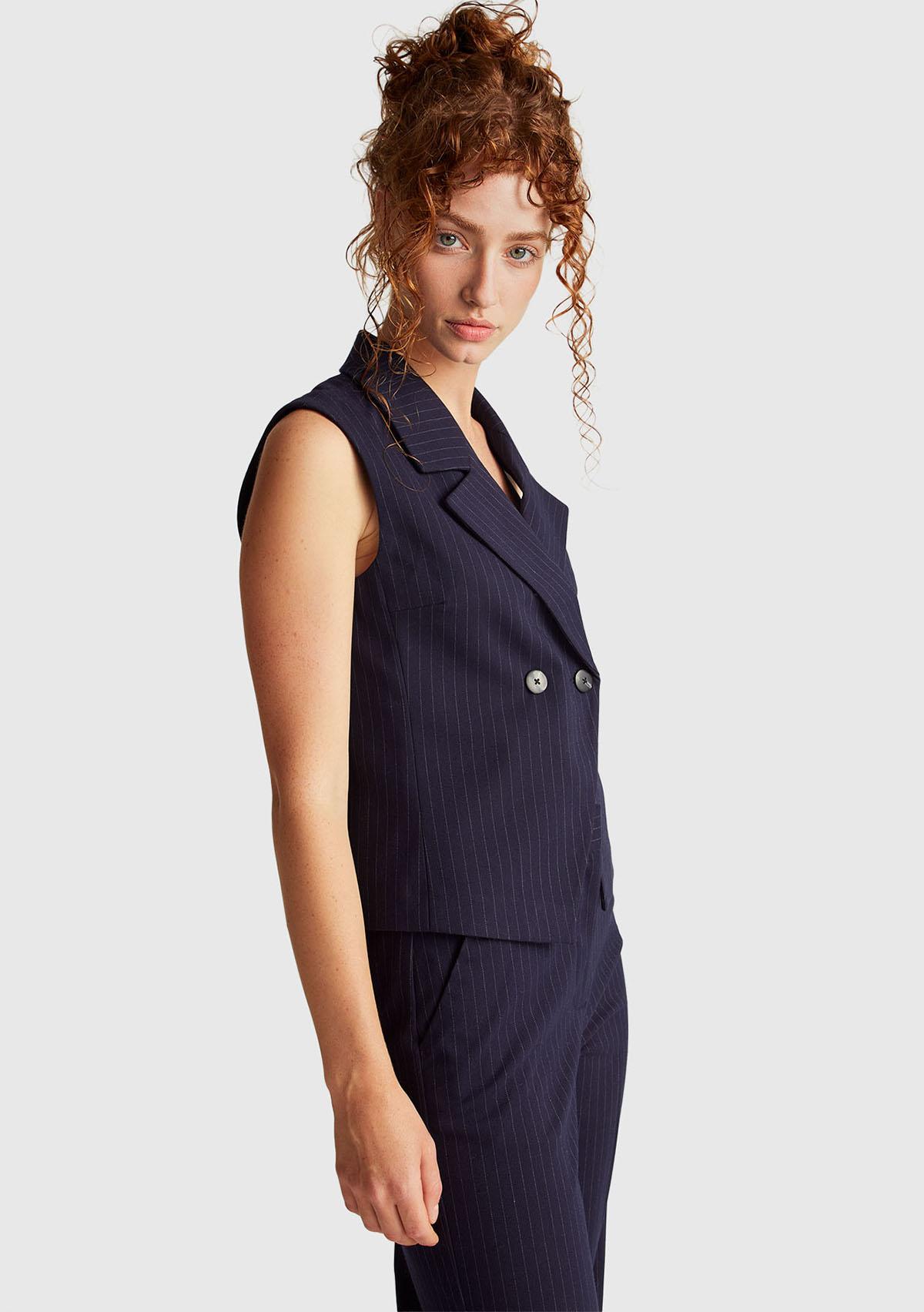 Kadın Lacivert Desenli Viskoz Karışımlı Düğmeli Kruvaze Yelek