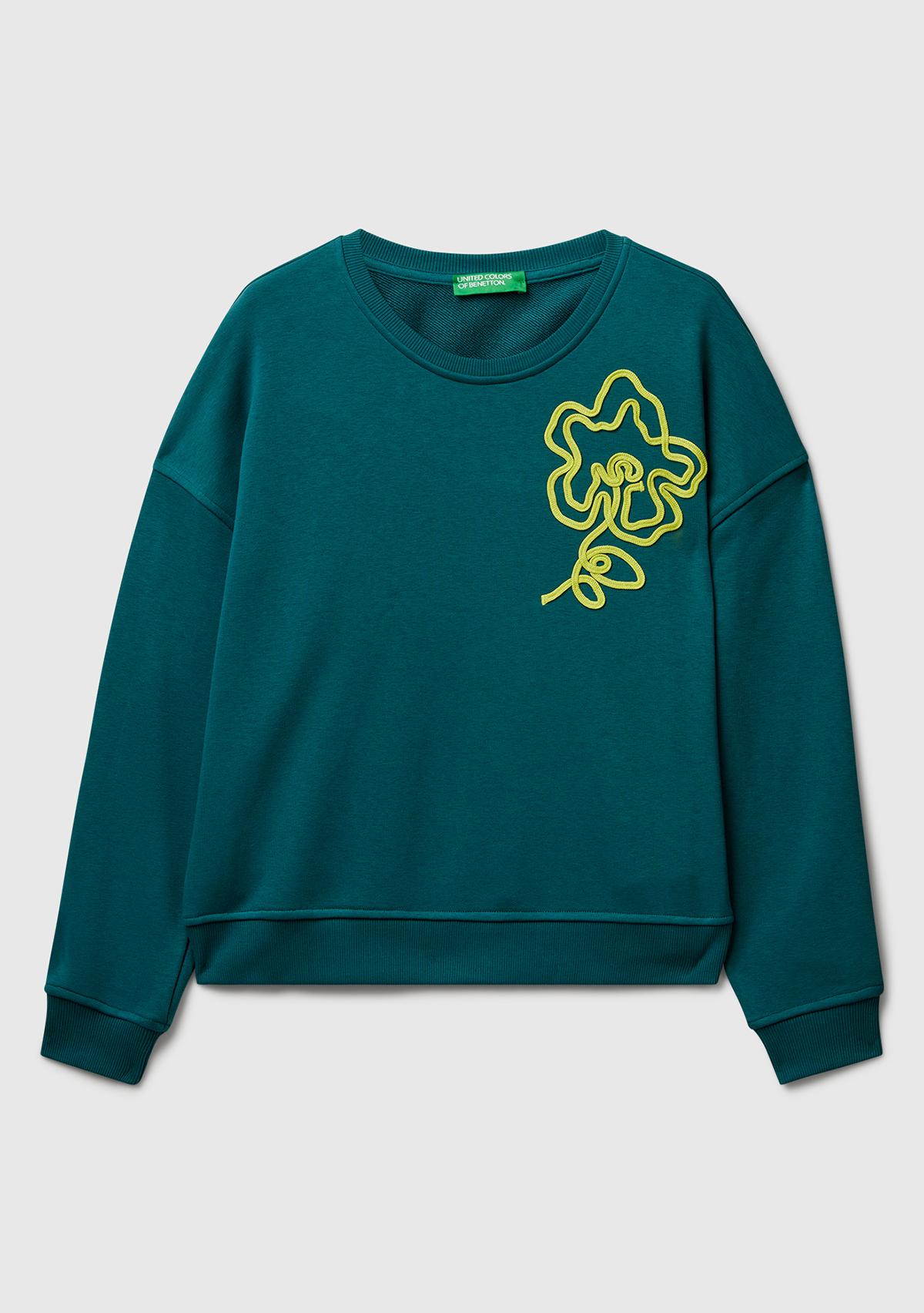 Kadın Koyu Yeşil Koton Karışımlı Çiçek Motifli Sweatshirt