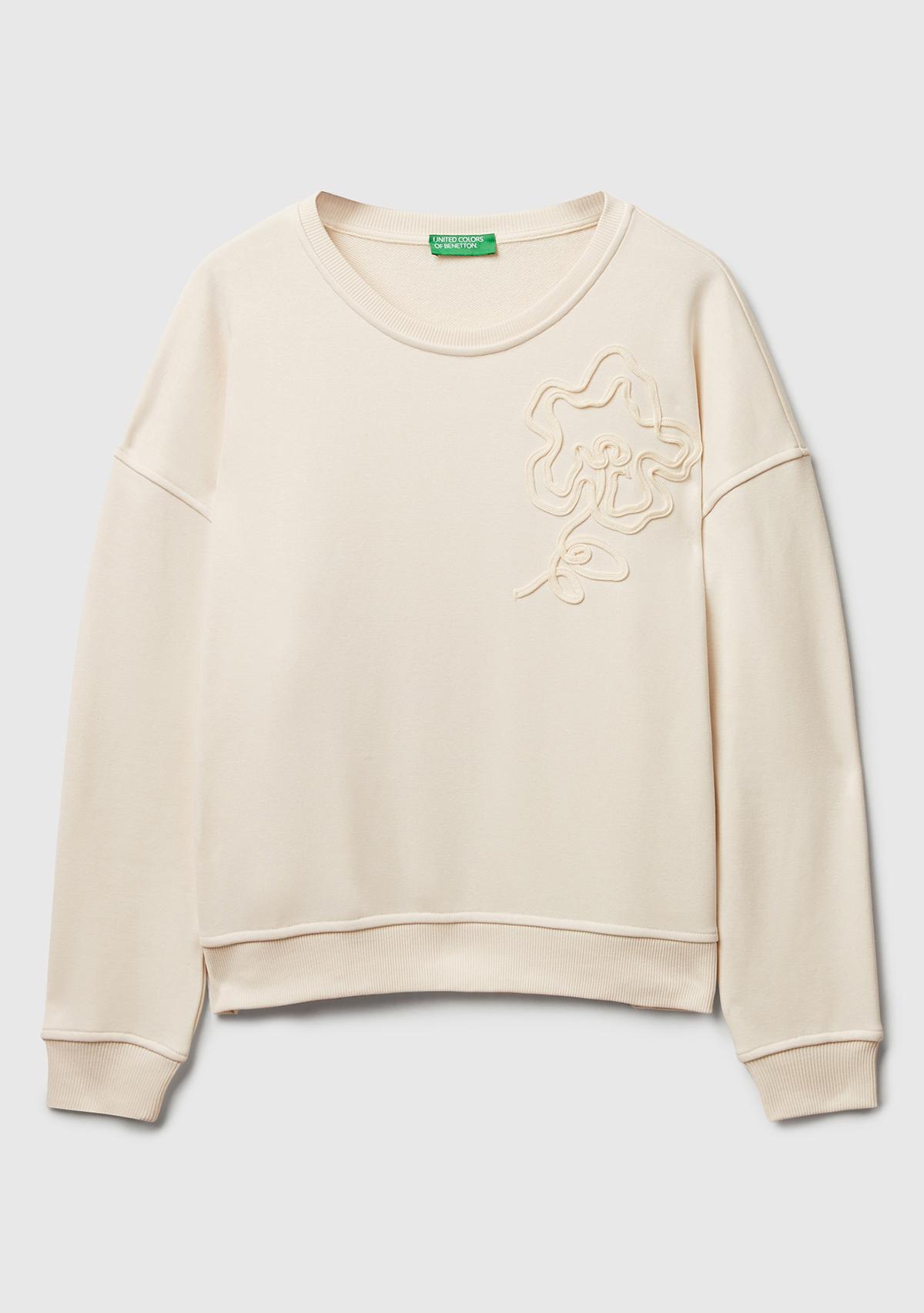 Kadın Krem Koton Karışımlı Çiçek Motifli Sweatshirt