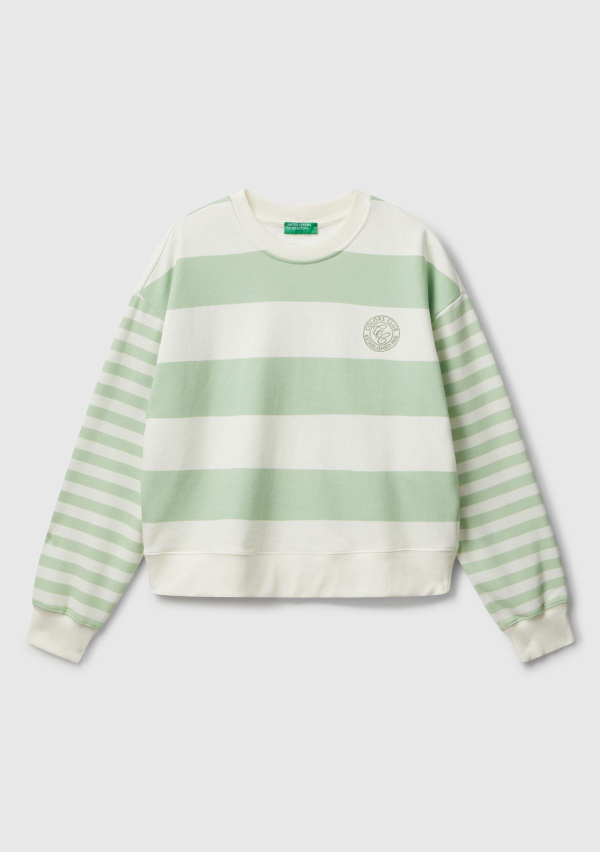 Kadın Açık Yeşil Pamuk Karışımlı Göğsü Logo Baskılı Renk Bloklu Sweatshirt