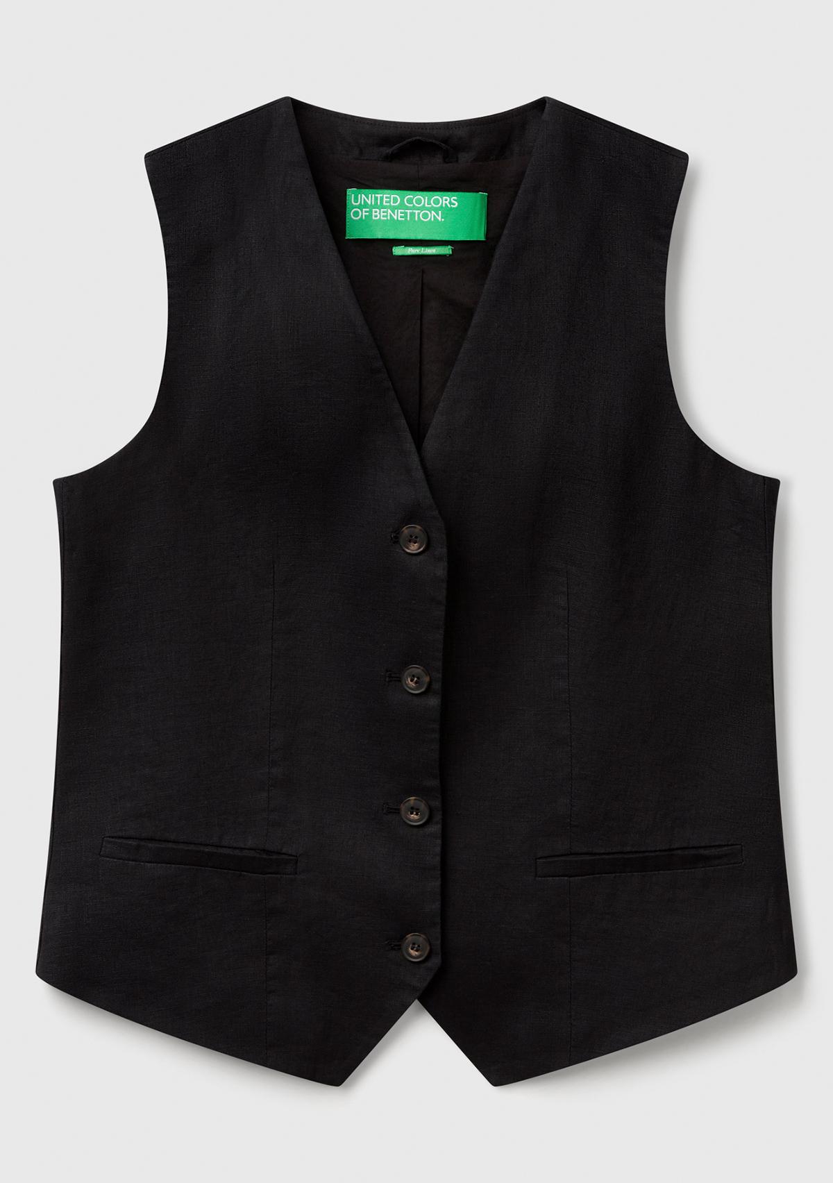 Kadın Siyah %100 Keten Önü Düğme İliklemeli V Yaka Yelek