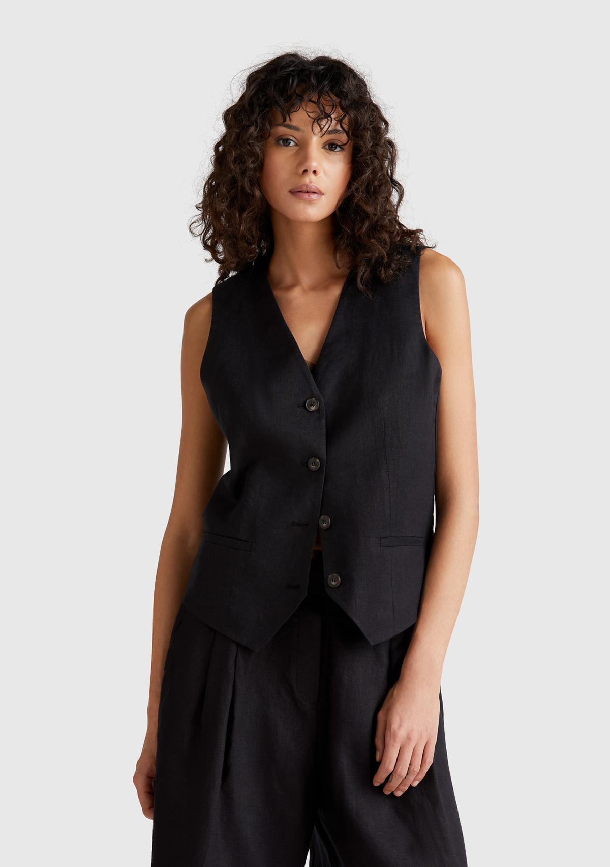 Kadın Siyah %100 Keten Önü Düğme İliklemeli V Yaka Yelek