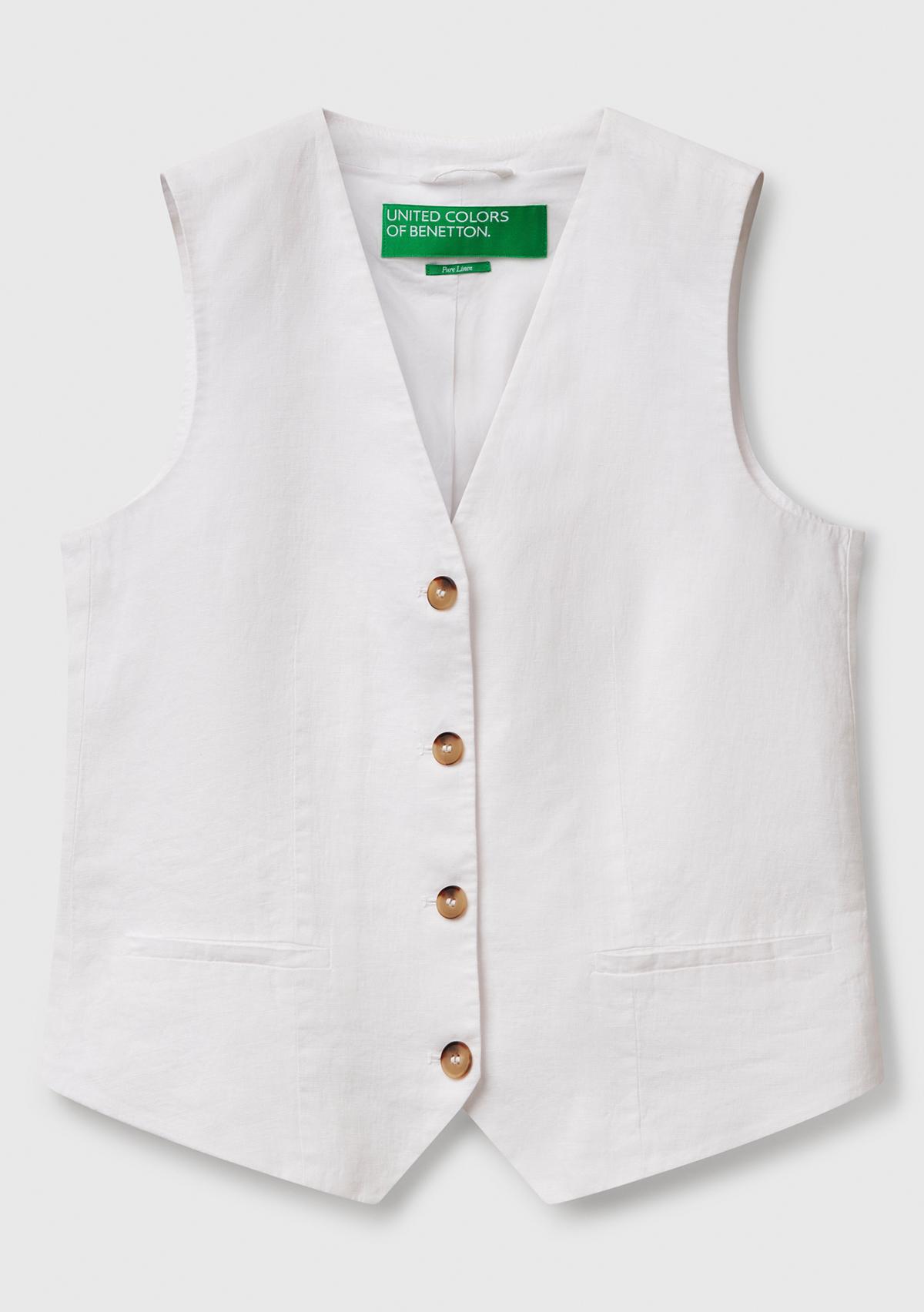 Kadın Beyaz %100 Keten Önü Düğme İliklemeli V Yaka Yelek