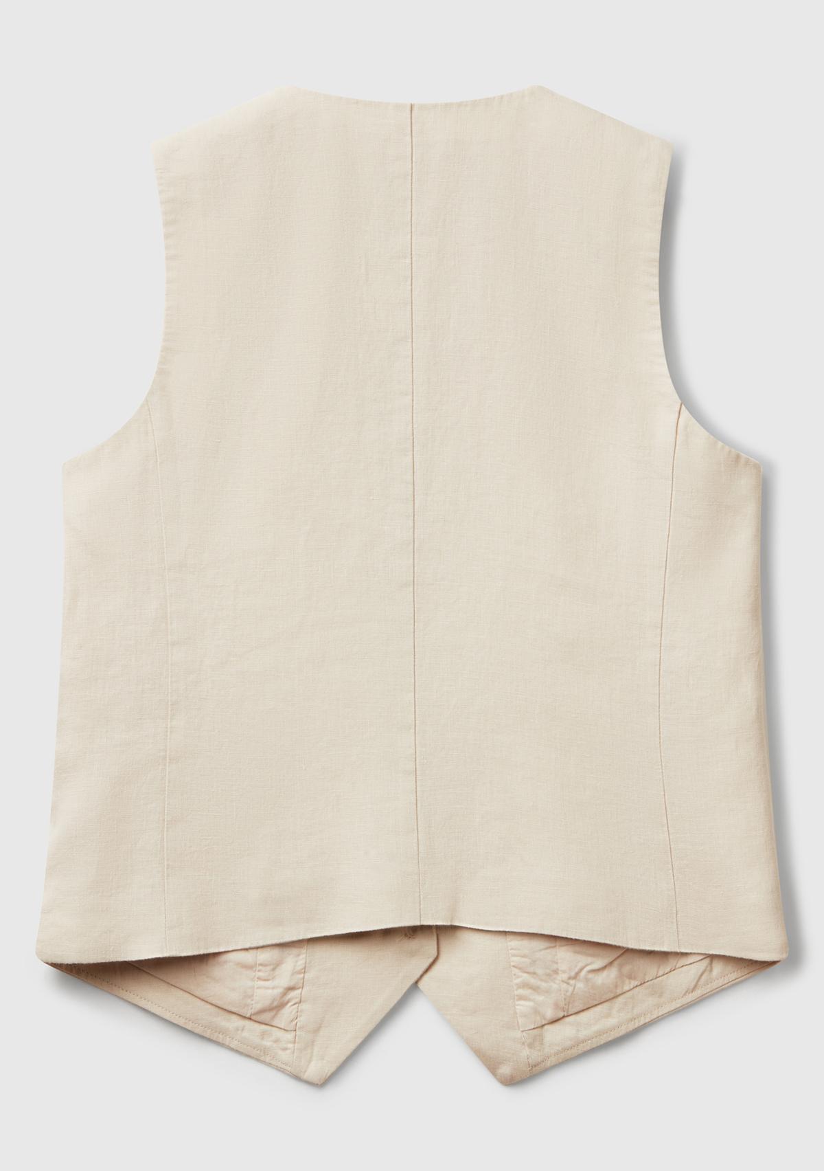 Kadın Taş Rengi %100 Keten Önü Düğme İliklemeli V Yaka Yelek