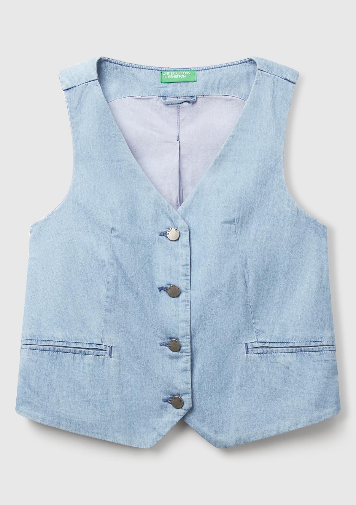 Kadın Açık Mavi %100 Koton Şamre Denim Yelek