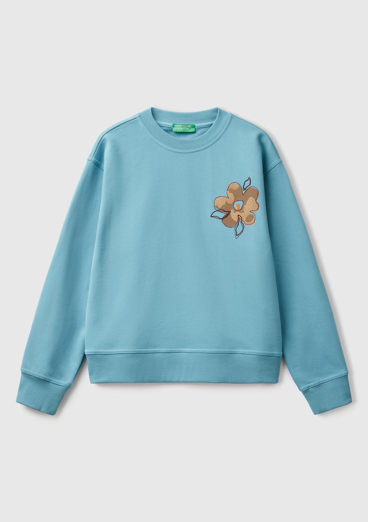 Kadın Mavi Koton Karışımlı Çiçek Desenli Sweatsihrt