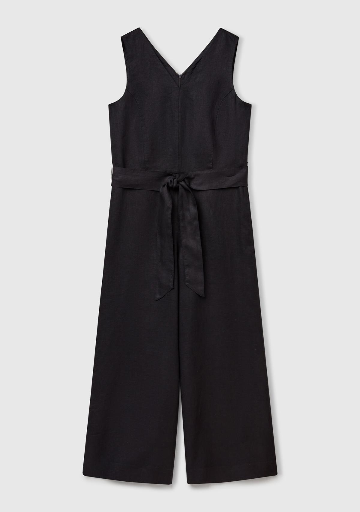 Kadın Siyah %100 Keten Kuşaklı Bedeni Oturan Wide Leg V Yaka Tulum