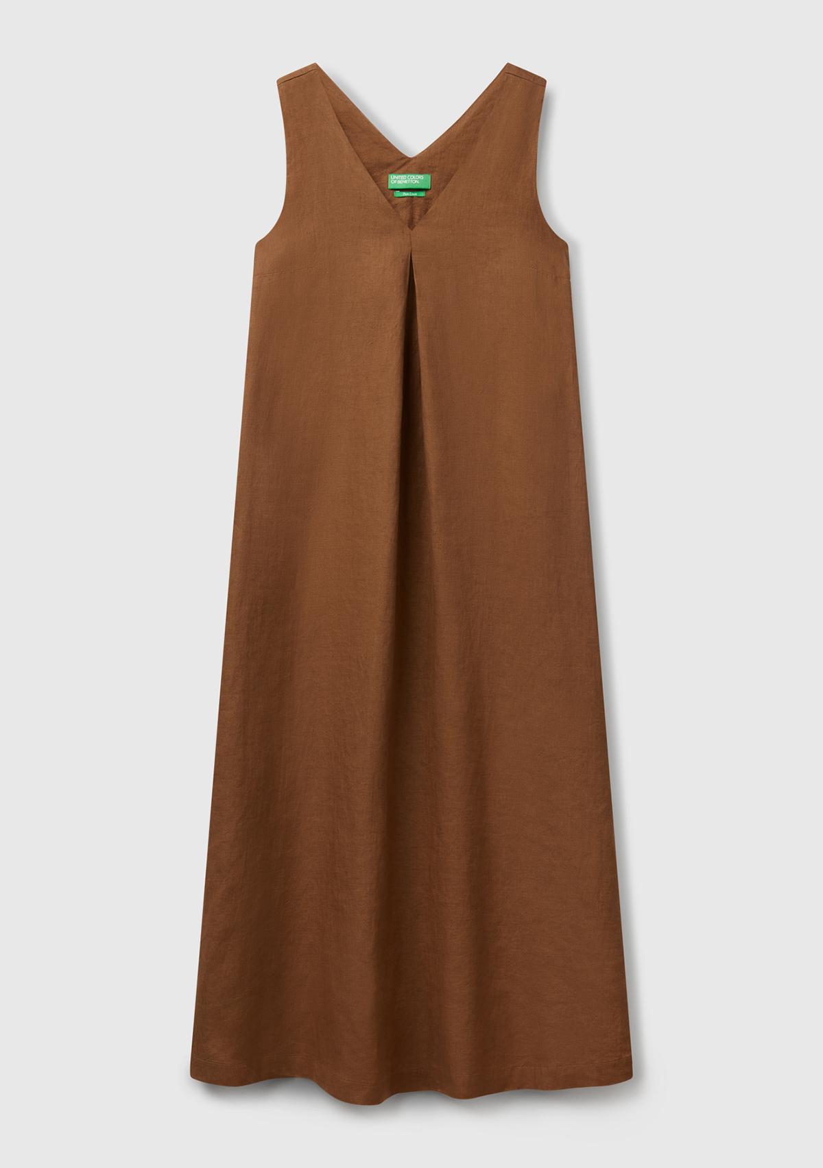 Kadın Kahverengi %100 Keten V Yaka Kolsuz A Kesim Midi Elbise