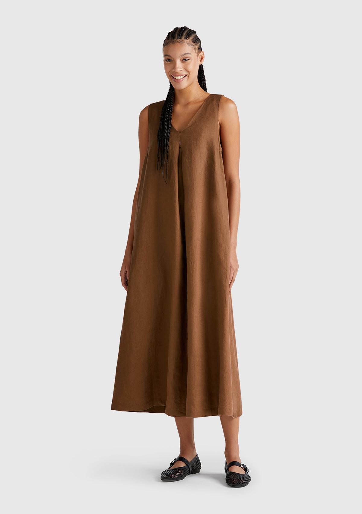 Kadın Kahverengi %100 Keten V Yaka Kolsuz A Kesim Midi Elbise