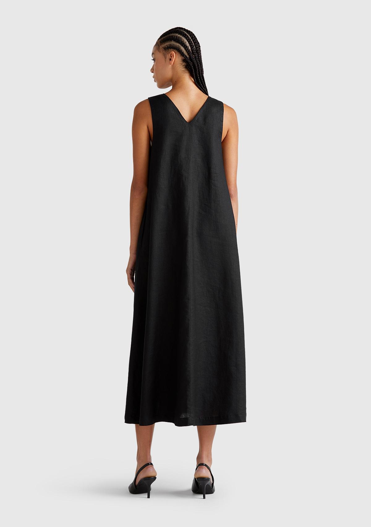 Kadın Siyah %100 Keten V Yaka Kolsuz A Kesim Midi Elbise