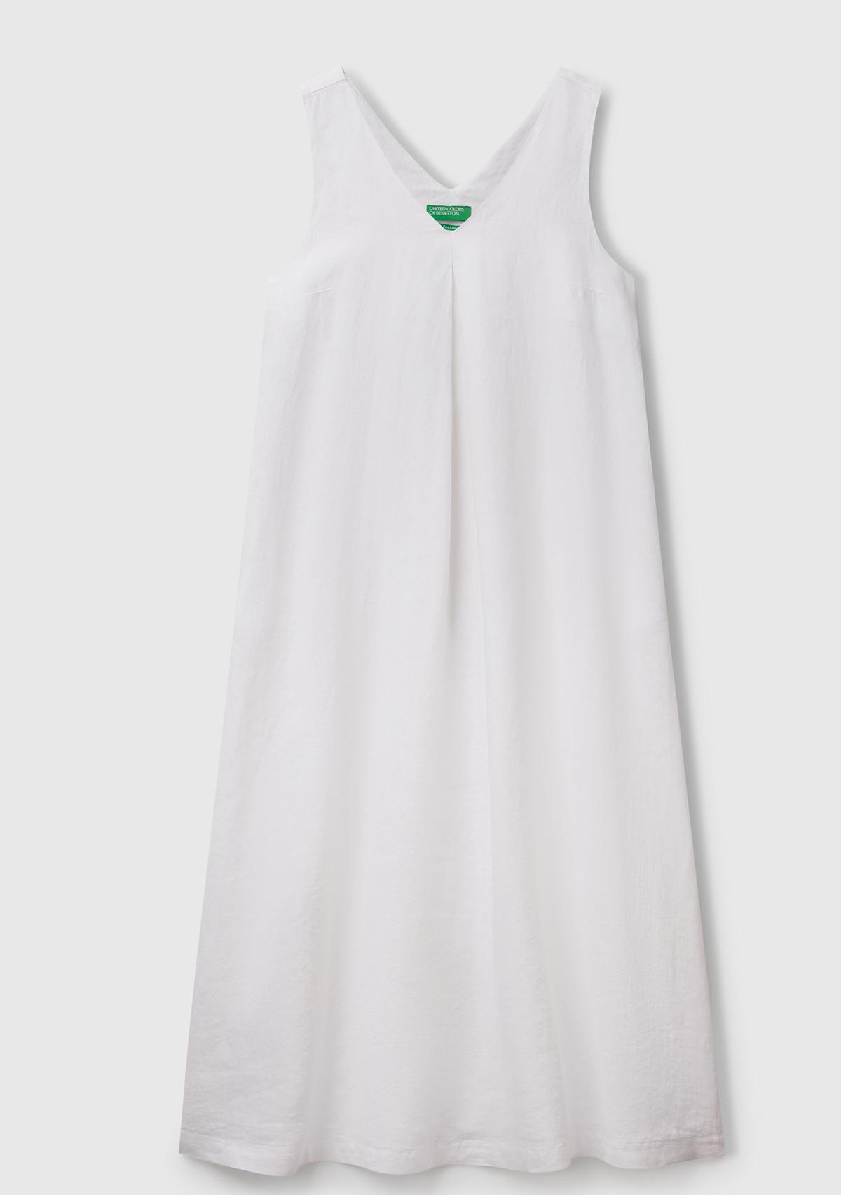 Kadın Beyaz %100 Keten V Yaka Kolsuz A Kesim Midi Elbise