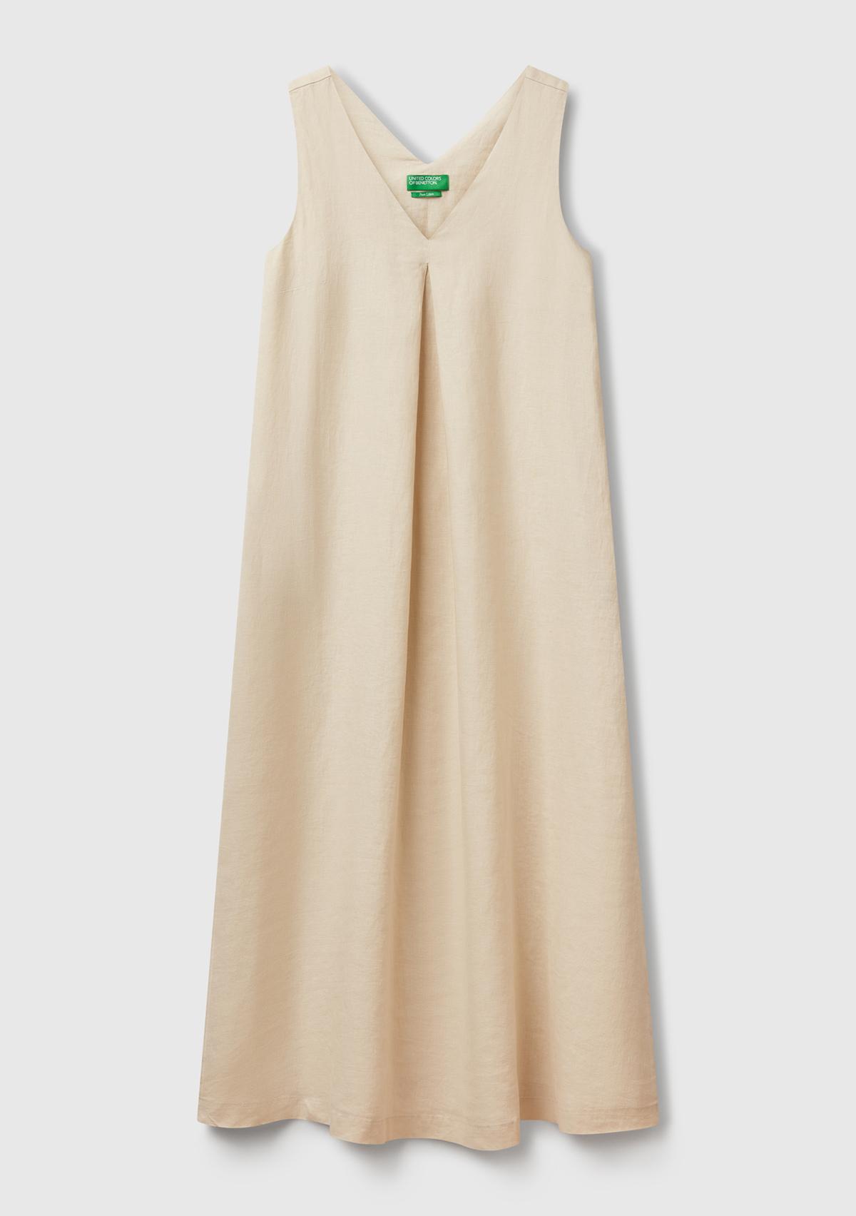 Kadın Taş Rengi %100 Keten V Yaka Kolsuz A Kesim Midi Elbise