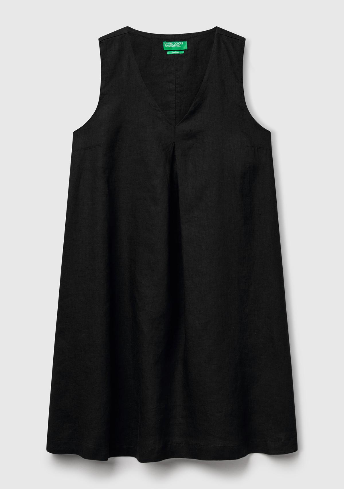 Kadın Siyah %100 Keten Yanı Fermuarlı A Kesim V Yaka Kısa Elbise