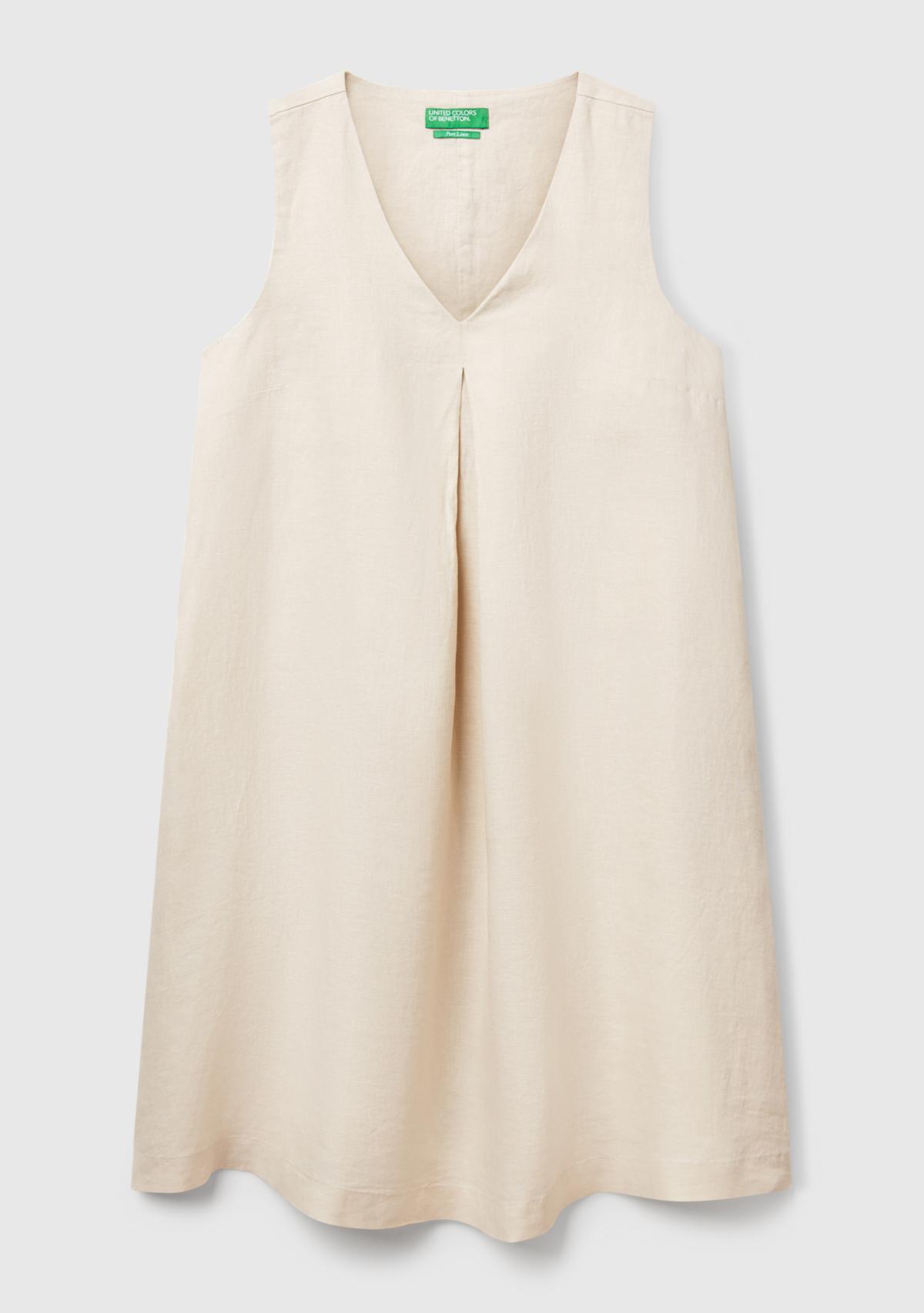 Kadın Taş Rengi %100 Keten Yanı Fermuarlı A Kesim V Yaka Kısa Elbise