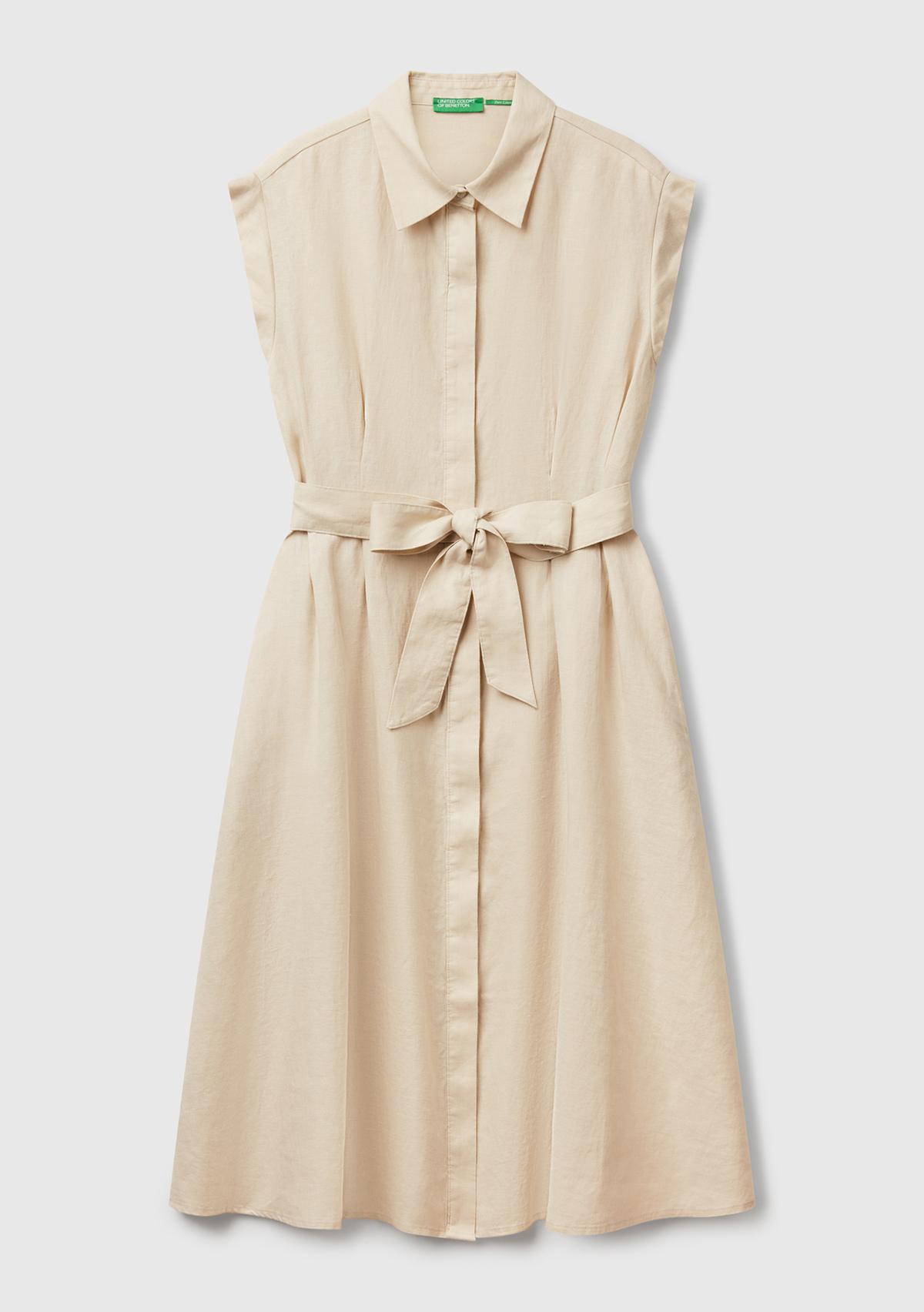 Kadın Taş Rengi %100 Keten Pileli Çıkarılabilir Kuşaklı Gömlek Elbise