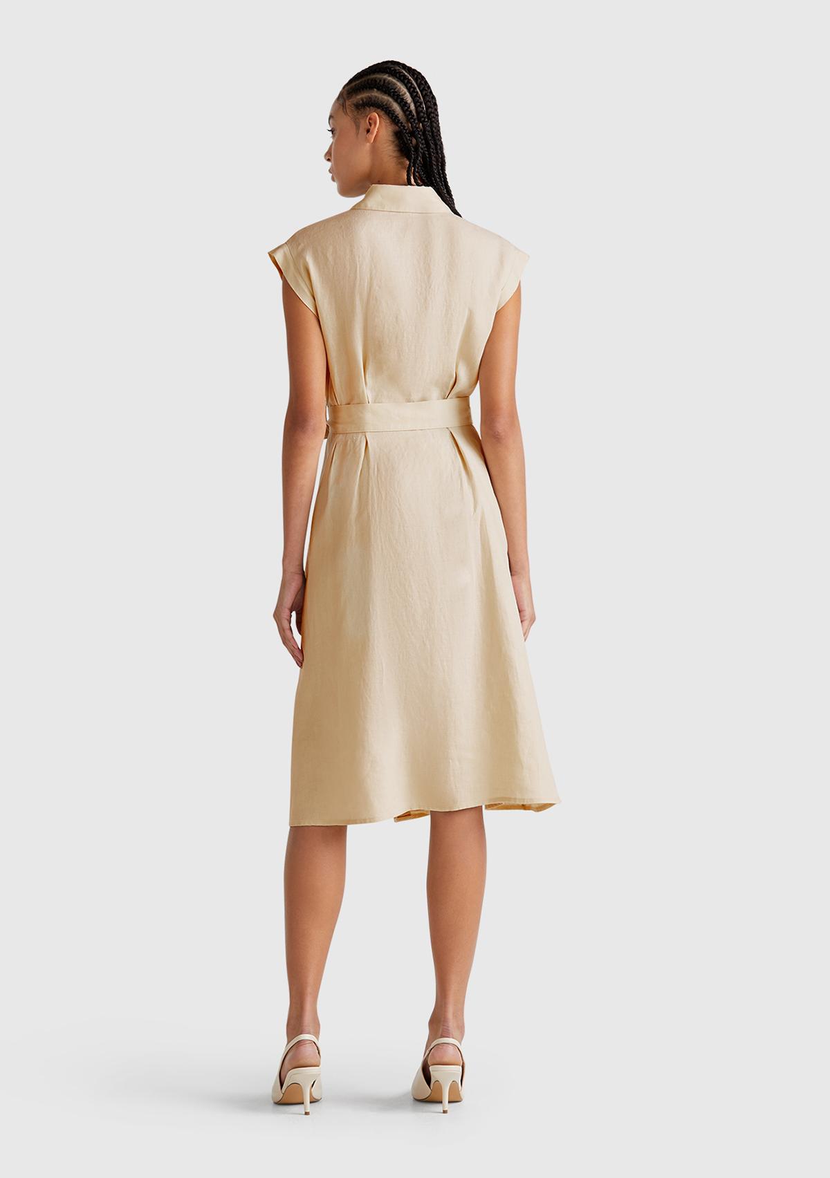 Kadın Taş Rengi %100 Keten Pileli Çıkarılabilir Kuşaklı Gömlek Elbise