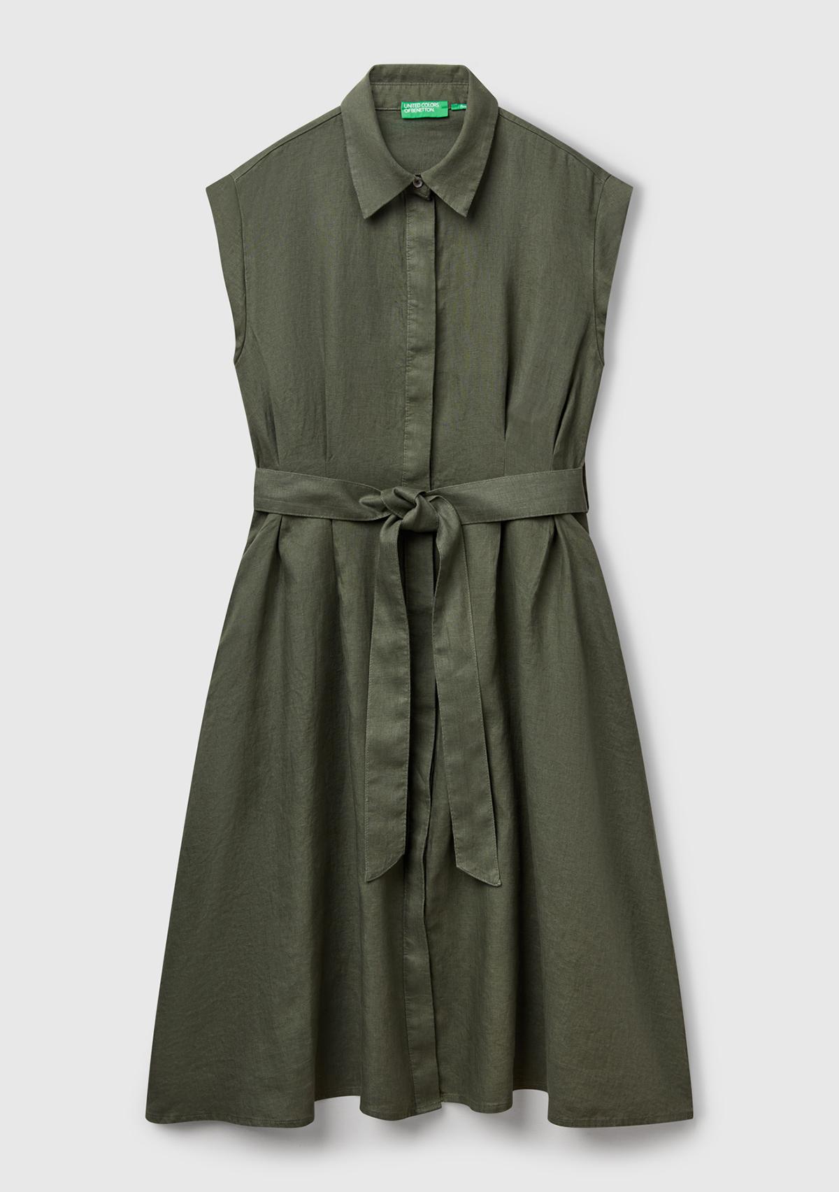 Kadın Haki %100 Keten Pileli Çıkarılabilir Kuşaklı Gömlek Elbise