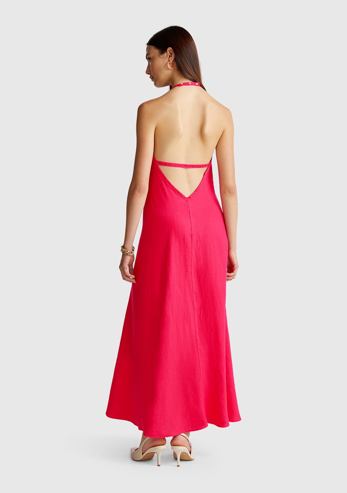 Kadın Fuşya %100 Keten Sırtı Açık Uzun Elbise