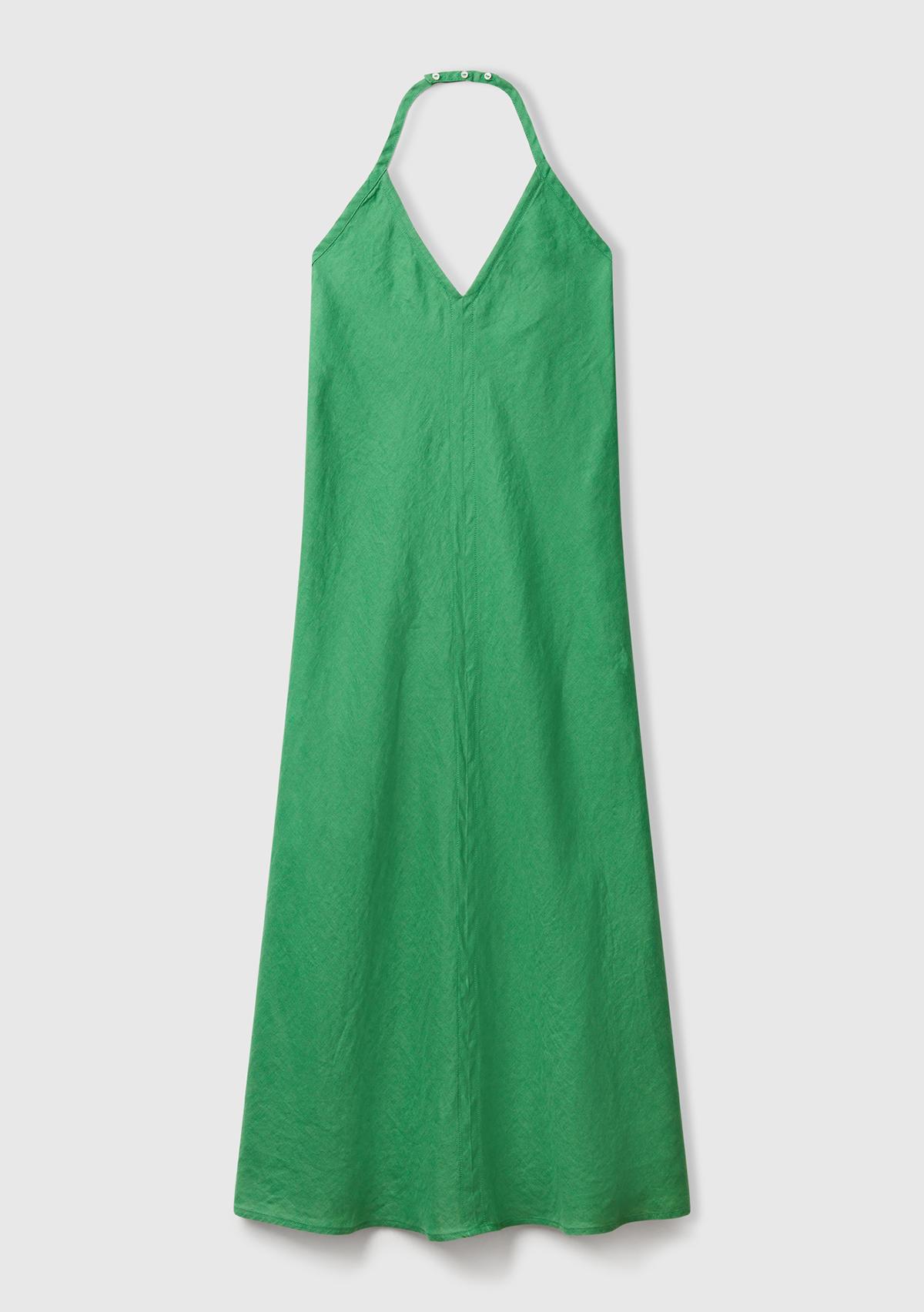 Kadın Yeşil %100 Keten Sırtı Açık Uzun Elbise