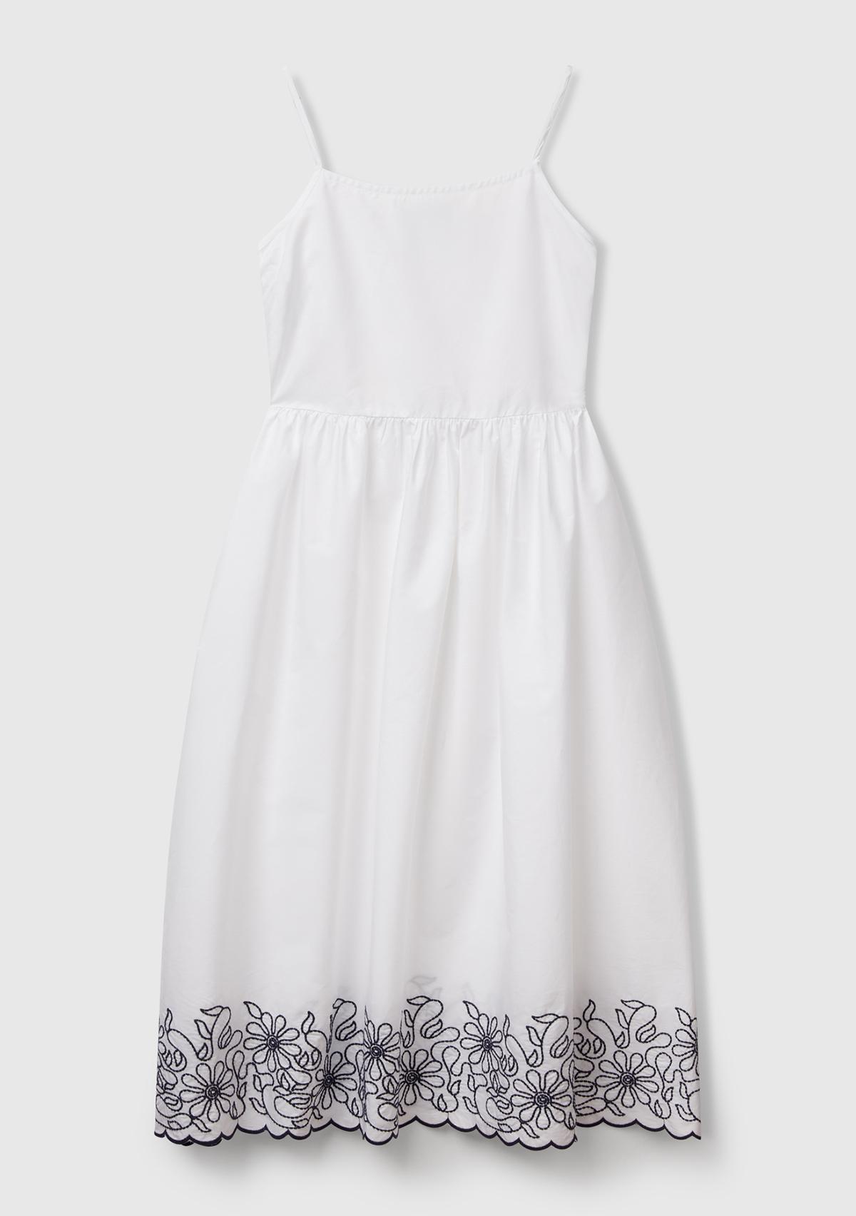 Kadın Beyaz %100 Koton Askılı Etek Ucu İşlemeli Midi Boy Elbise