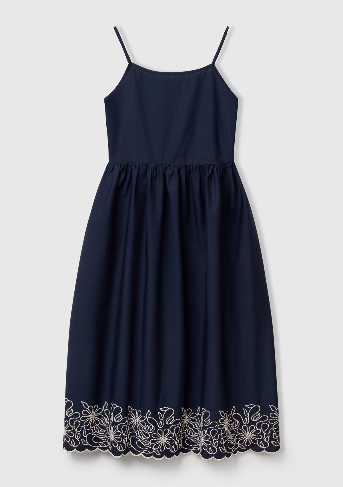 Kadın Lacivert %100 Koton Askılı Etek Ucu İşlemeli Midi Boy Elbise