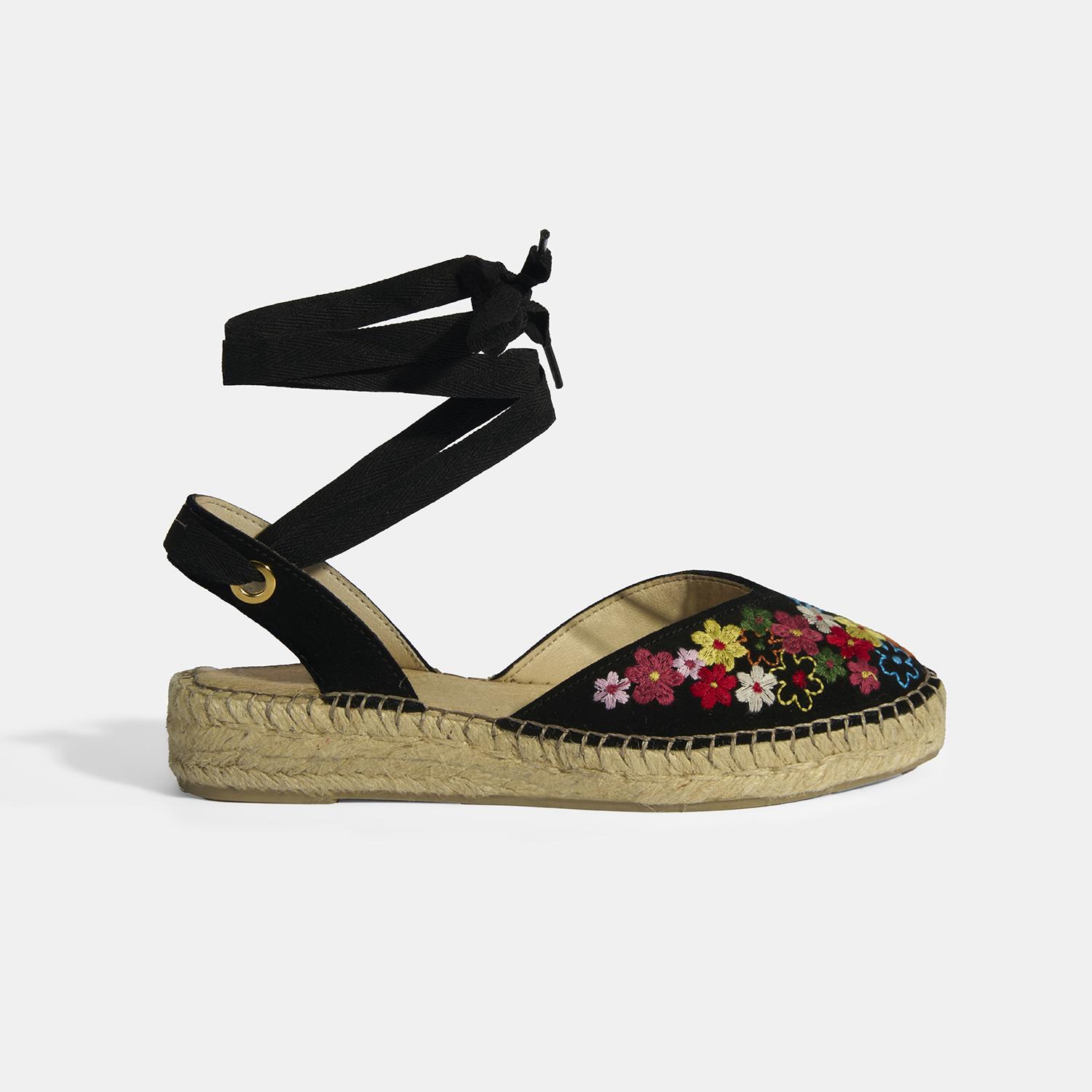 Limited Edition Siyah Kadın Çiçek Nakışlı Jüt Bağcıklı Slingback Espadril